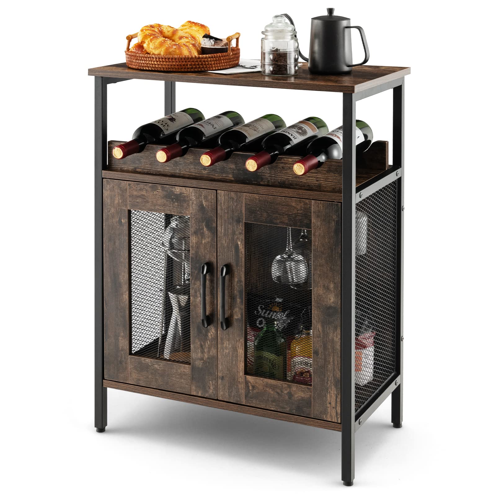 Industrial Wine Bar Cabinet with Detachable Rack & Glass Holder - Metal Mesh Door Coffee Bar Sideboard for Kitchen, Living Room | Perfect for Entertaining, Dining Storage & Home Decor