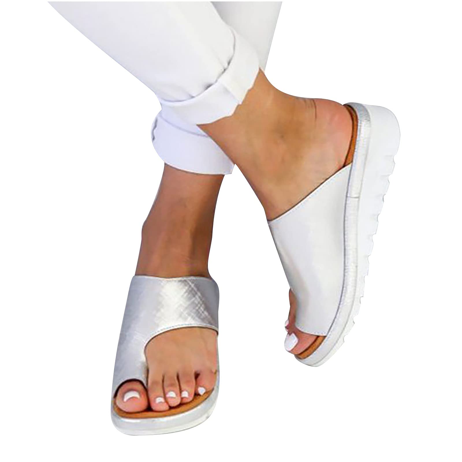 **Women's Orthopedic Bunion Corrector Sandals – Comfy Platform Flat Sole PU Leather Slides for Bunions Relief, Soft Ring Flip Flops Slippers – Perfect for Casual Wear, Home & Post-Surgery Recovery**