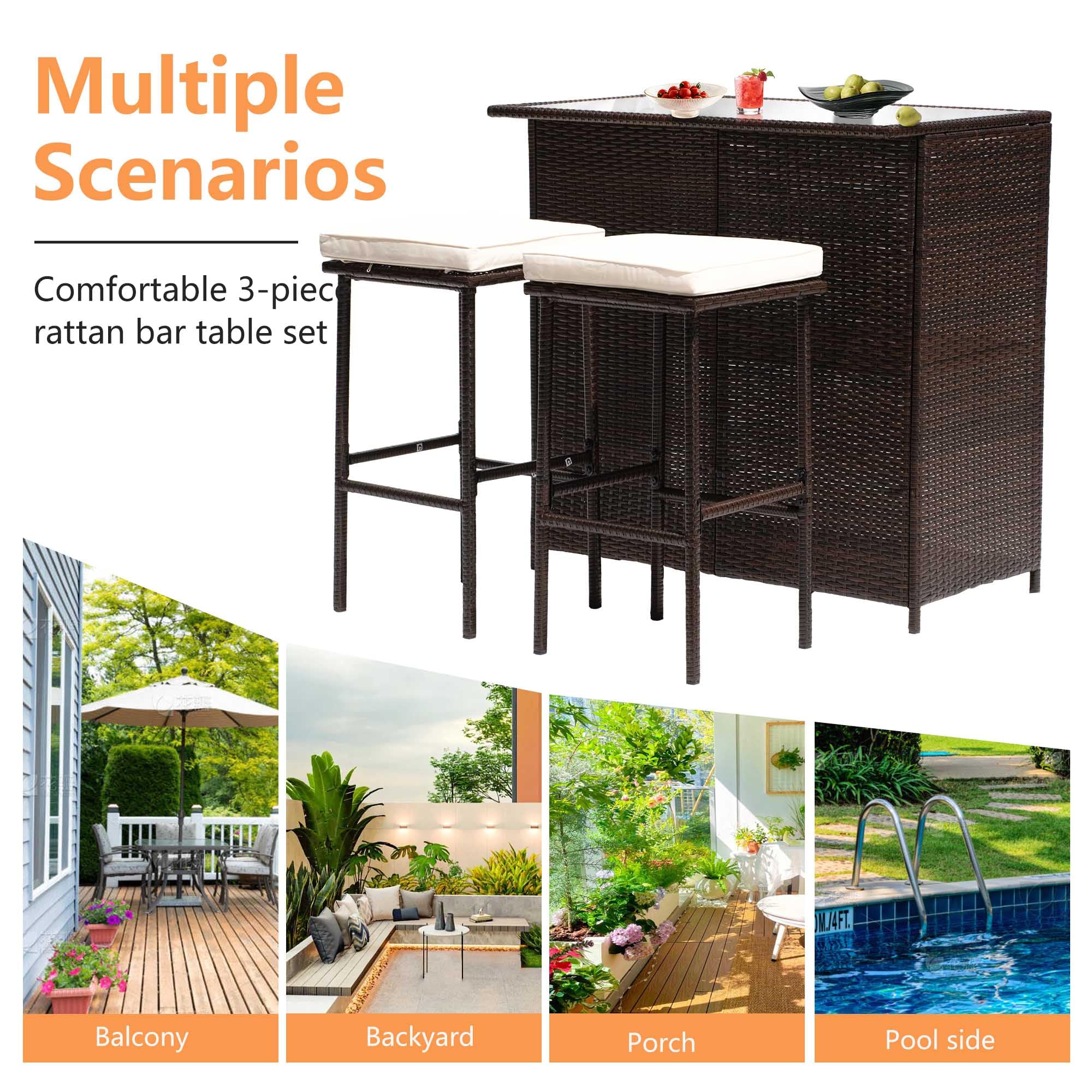 Premium 3-Piece Rattan Bar Set - Patio Wicker Bistro Table with 2 Bar Stools, Tempered Glass Top & Storage Shelves for Outdoor/Indoor Use - Perfect for Poolside, Porch, Garden & Backyard Entertaining (Khaki)
