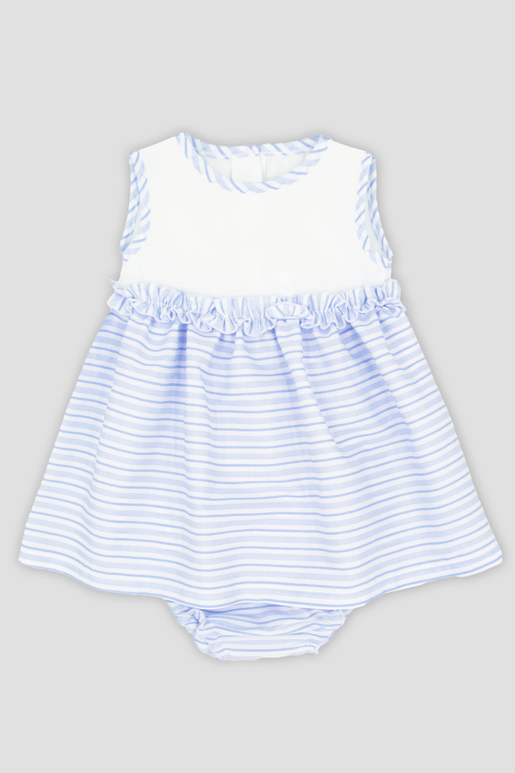 Victoria Baby Blue Striped Ruffle Dress & Bloomers Set - Elegant Girls' Outfit for Birthday, Photo Shoots & Special Occasions