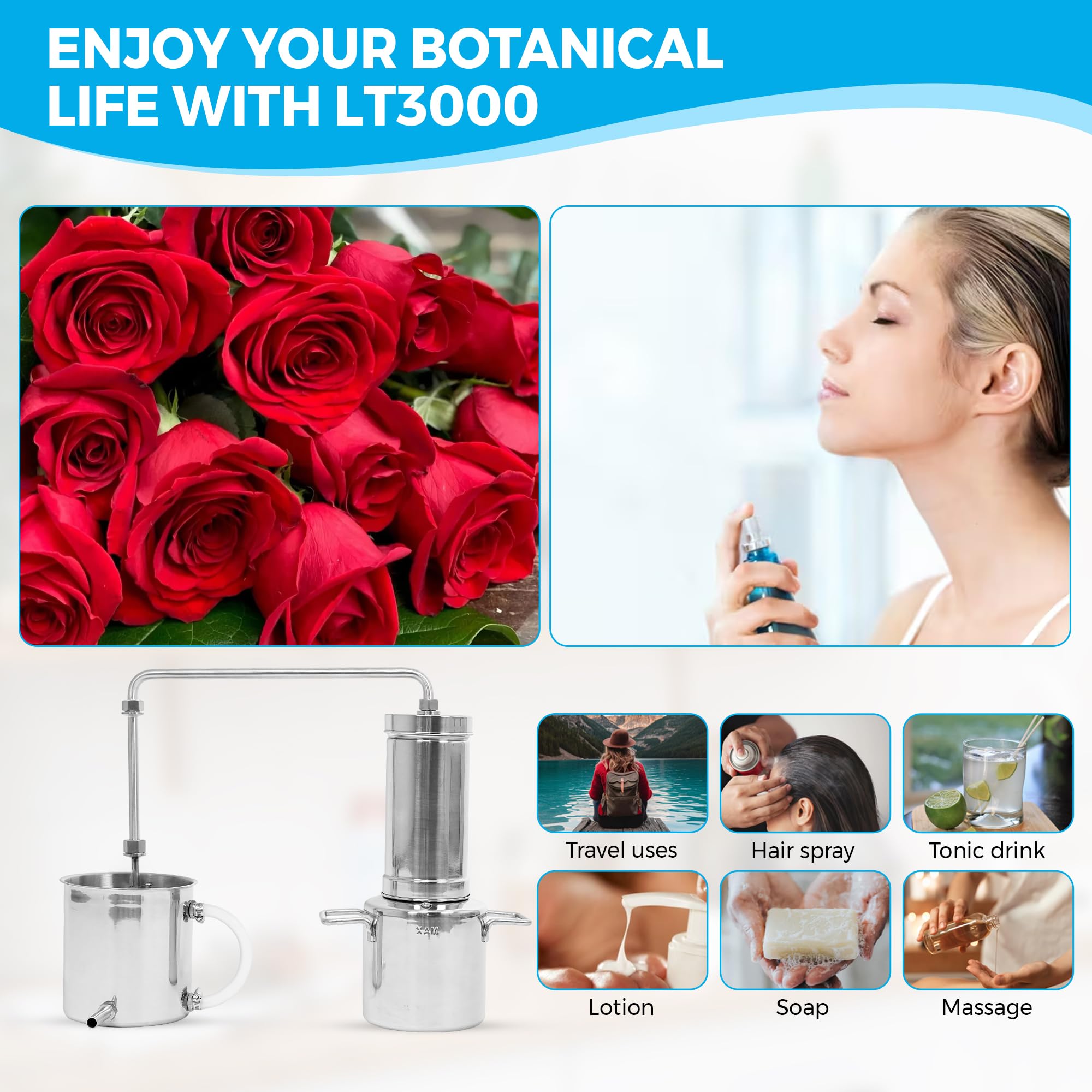 LETIME 3L Essential Oil Distiller Kit - Stainless Steel Steam Distillation for DIY Essential Oils, Hydrosol & Floral Water - LT3000 Distiller for Aromatherapy, Home Spa & Herbal Remedies