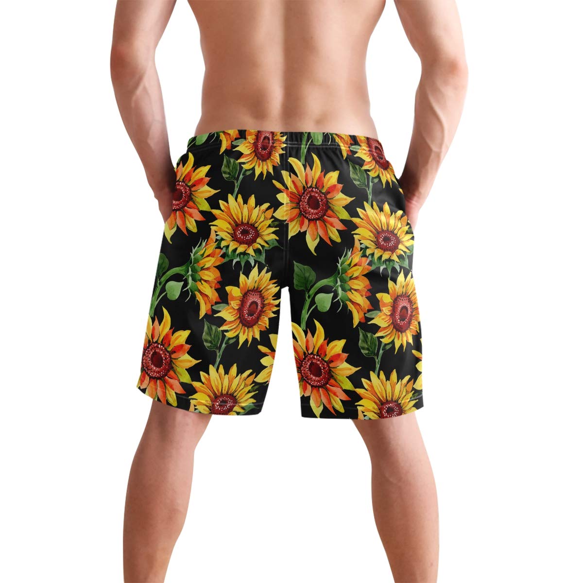 WIHVE Men's Beach Swim Trunks - Watercolor Sunflower Print Quick-Dry Board Shorts with Pockets | Swimming, Surfing, Vacation & Summer Outdoor Activities
