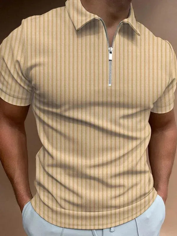 Men's Striped Short Sleeve Polo Shirt with Zipper - Casual Summer Wear for Golf, Office & Outdoor Activities
