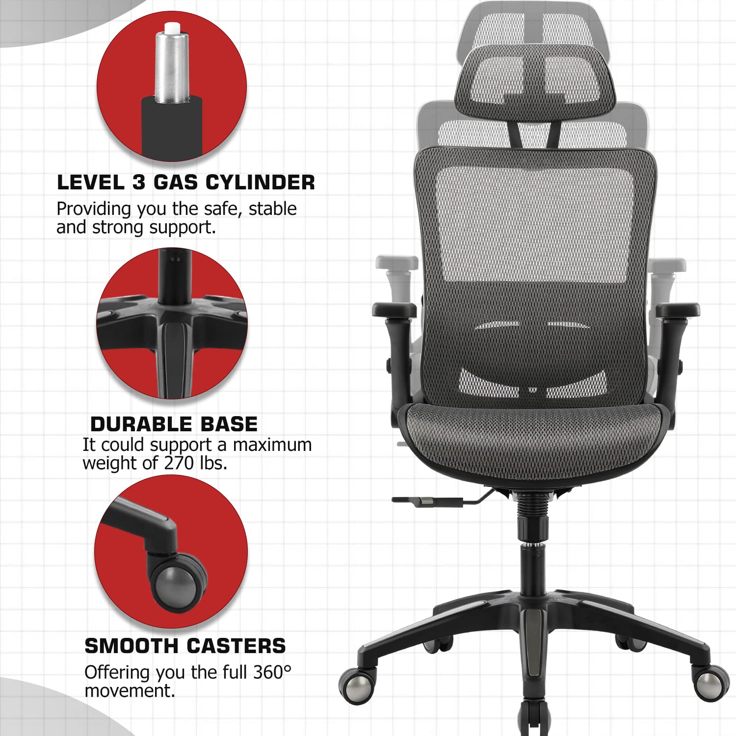 Ergonomic Mesh Office Chair with High Back, 3D Adjustable Armrests, Lumbar Support & Headrest - Grey - Perfect for Home Office, Gaming & Computer Workstations