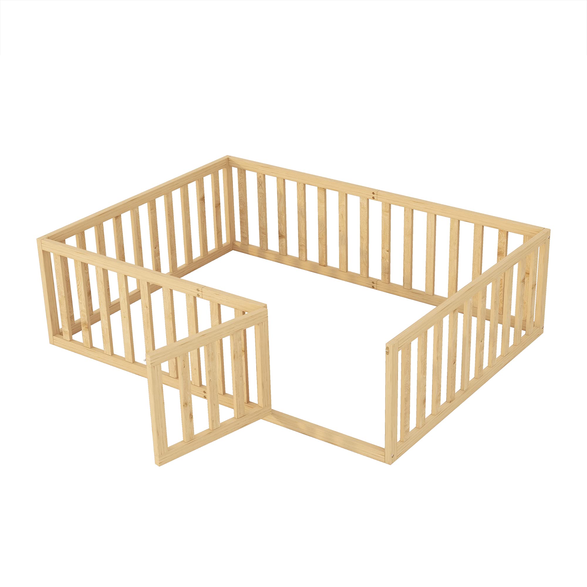 Wooden Kids Floor Bed with Fence & Door - Safe Playpen for Toddlers - Nursery & Playroom