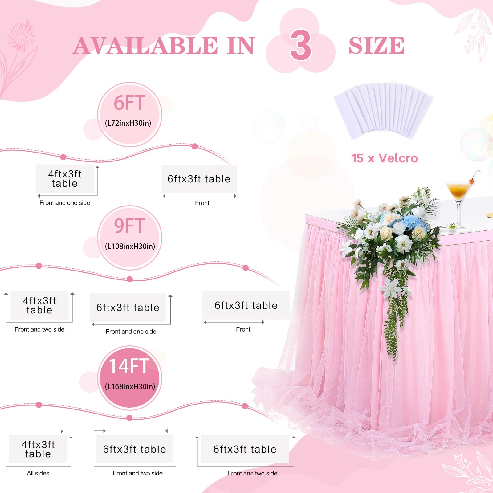QueenDream 14 ft Pink Tulle Table Skirt - Elegant Tutu Table Cover for Rectangle Tables, Baby Showers, Birthday Parties & Banquets | LED Accent Lighting for Girls' Celebrations & Wedding Decor