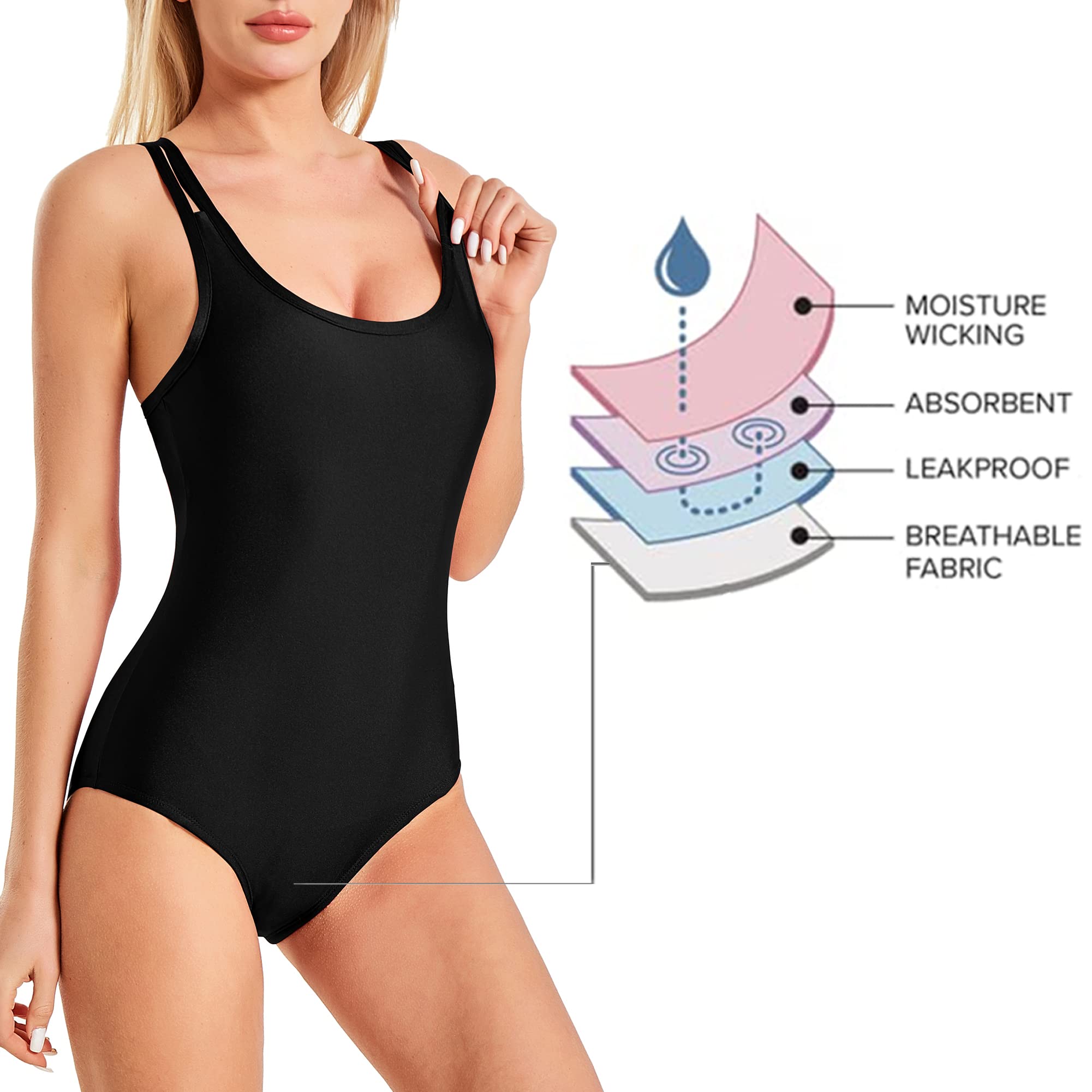 Mordlanka Period Swimwear for Women & Teens - Thin Strap One Piece Swimsuit - Comfortable Leakproof Bathing Suit for Swimming, Surfing & Beach Activities