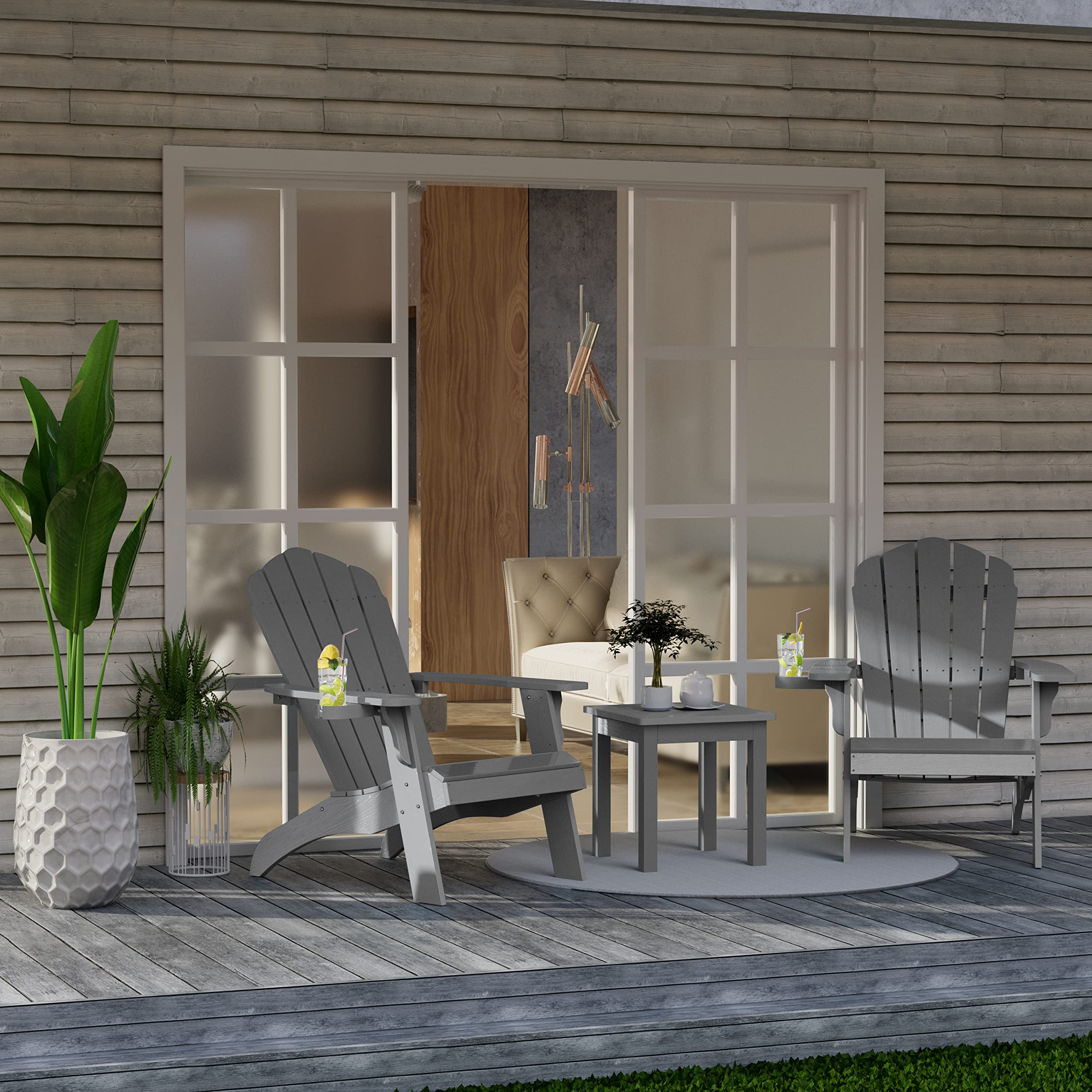 YEFU Oversized Plastic Adirondack Chair with Cup Holder - Heavy Duty Weather-Resistant Poly Lumber Outdoor Furniture for Patio, Lawn, Deck, Garden - Grey | Perfect for Relaxing, Sunbathing & Outdoor Entertaining