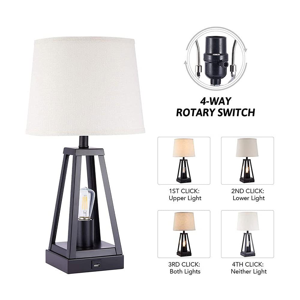 Farmhouse Bedside Lamps with USB Charging Ports - E26 Table Lamps for Bedroom, Living Room & Office - Set of 1 or 2 Industrial Modern Nightstand Lamps - Perfect for Reading, Charging Devices & Home Decor