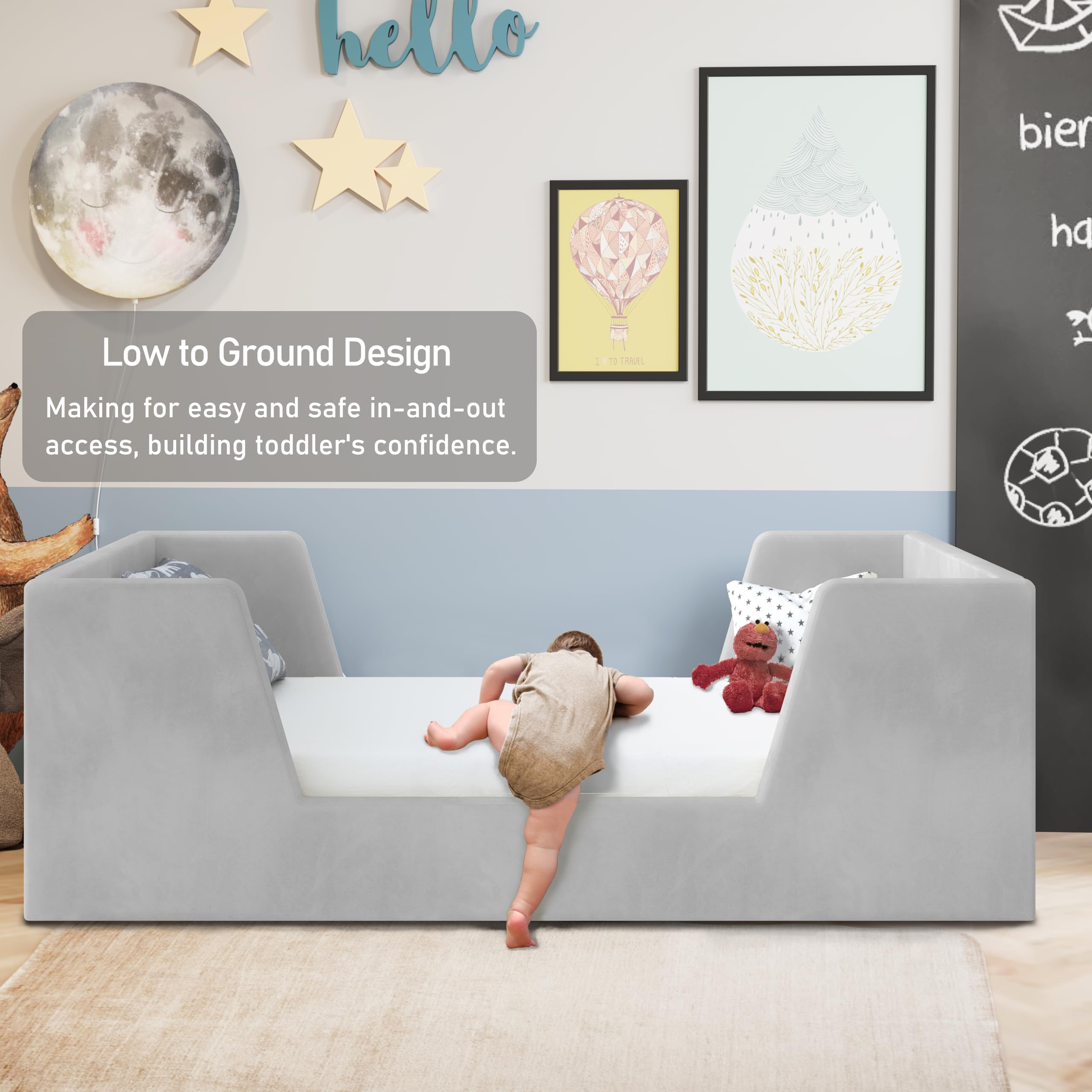 **Toddler Floor Bed Frame with Guard Rails for Kids Ages 2-6 - Safe & Certified Fabric Bed for Boys & Girls - Fits Standard Crib Mattress - Perfect for Montessori Bedrooms & Cozy Nap Spaces**