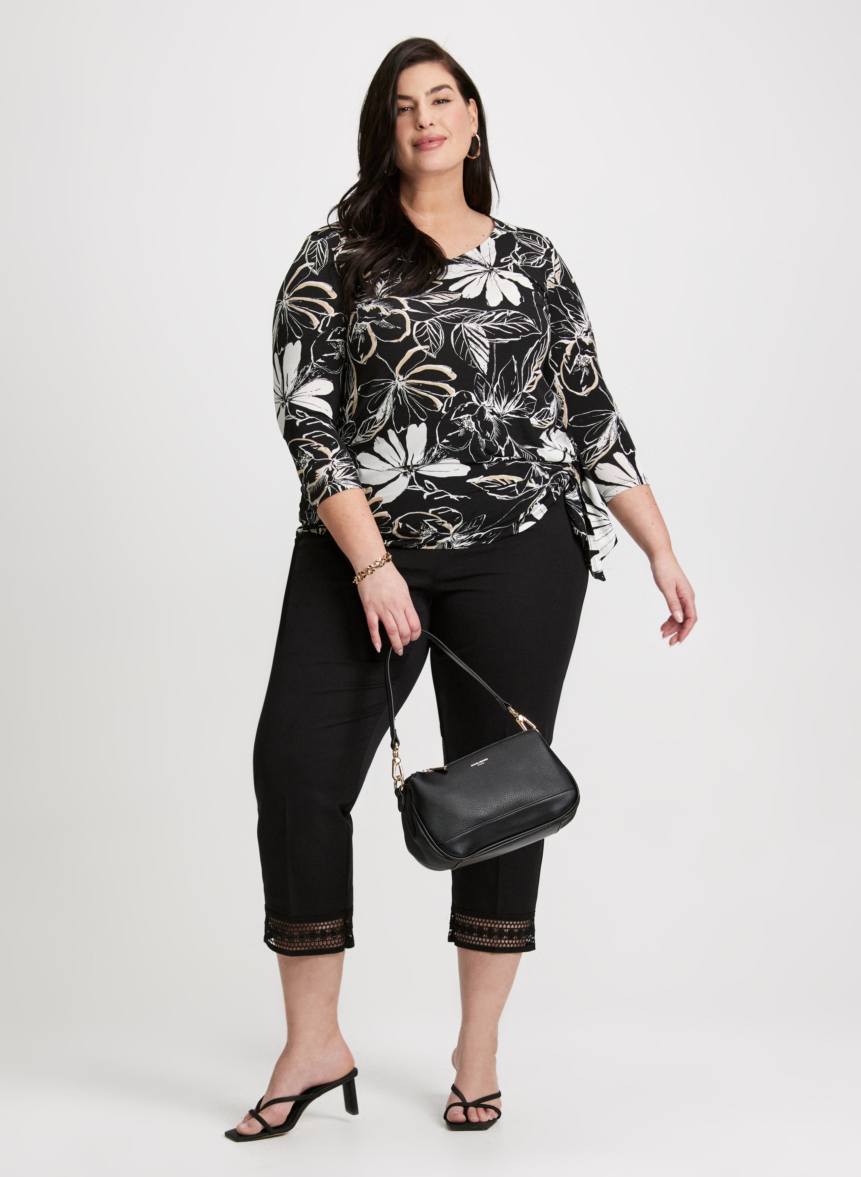 Floral Print Tie Hem Blouse & Lace Trim Pull-On Ankle Pants Set - Women's Elegant Outfit for Office, Date Night & Spring Occasions