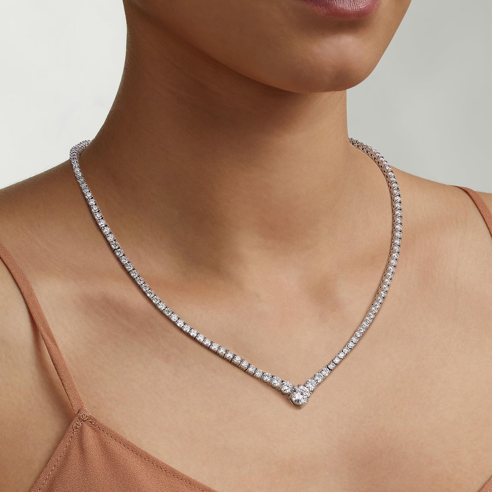 14k White Gold Plated Moissanite Tennis Chain Necklace - 925 Sterling Silver VVS1 D Color V-Shape Link | Dainty Lab Diamond Wedding Jewelry for Women | Perfect for Bridal, Anniversary Gifts & Special Occasions