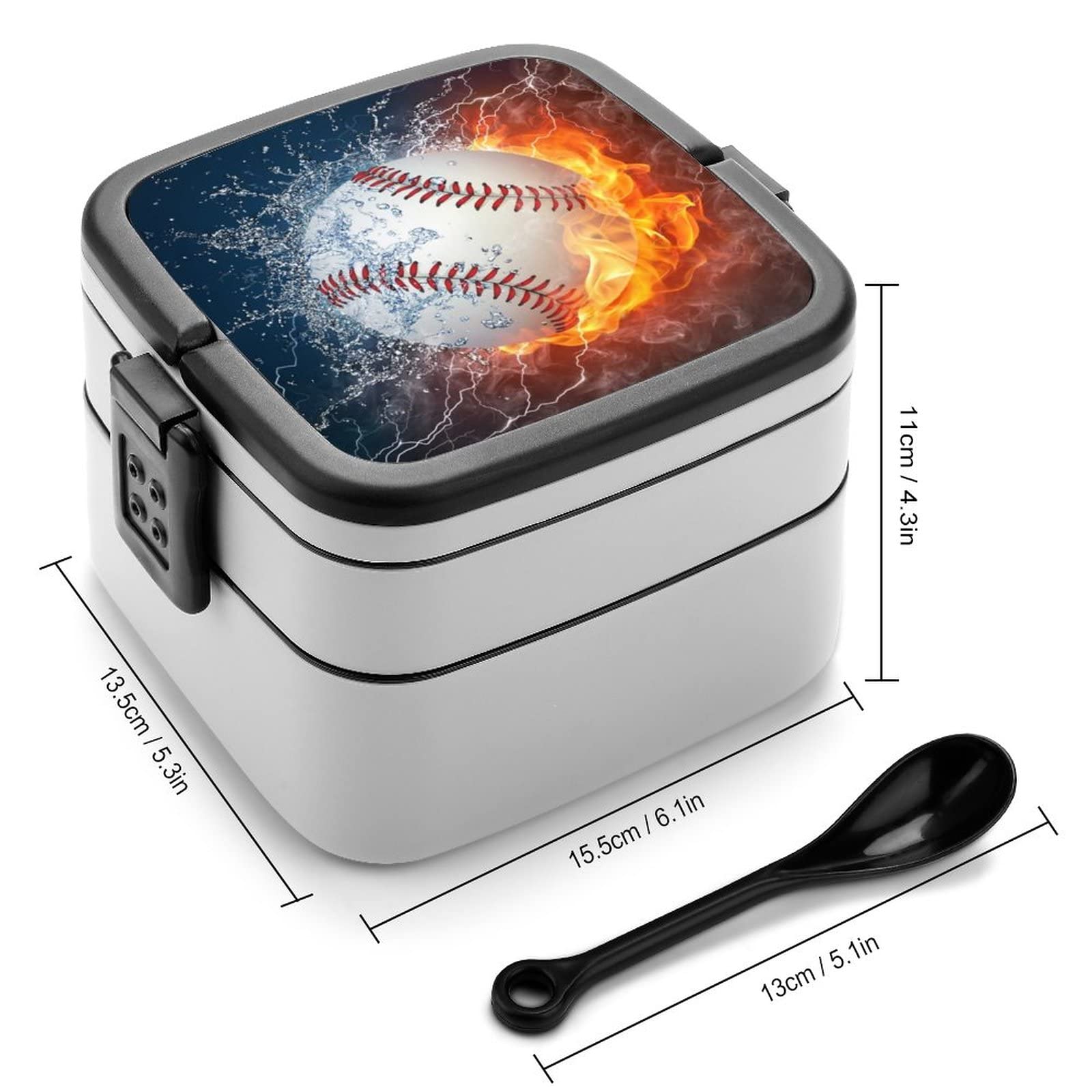 Custom Personalized Baseball Bento Box for Men & Kids - Double Layer Leakproof Lunch Container with Name & Water/Fire Print - Durable Lunch Box with Handle for Work, School & Picnics