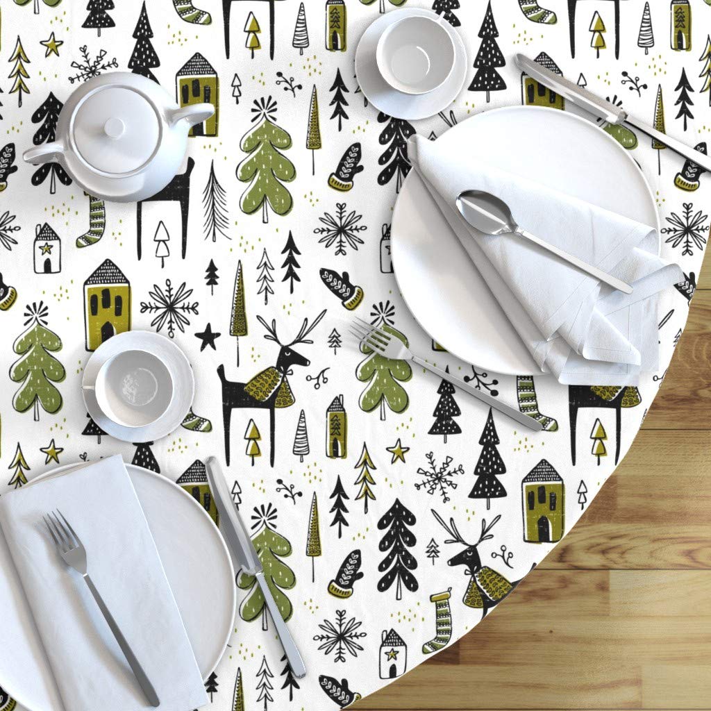 Custom Christmas White Winter Woodland Holiday Moose Print Cotton Sateen Tablecloth - 90 Inch Round Whimsical Kids Retro Vintage Trees Design Table Linens for Holiday Dining, Party Decor & Home Celebration