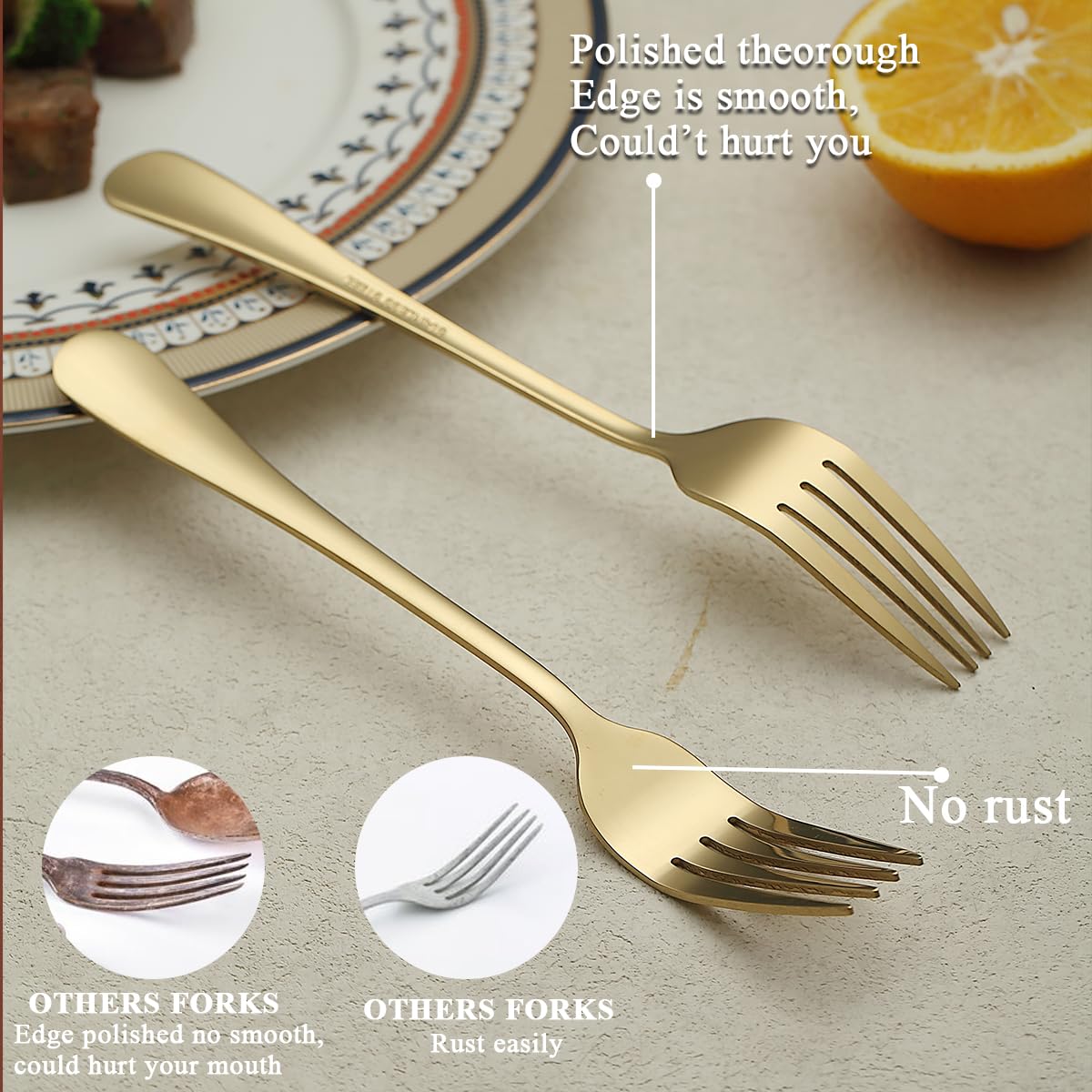 12-Piece Gold Plated Stainless Steel Dinner Forks Set - Elegant Titanium Gold Flatware for Home, Restaurant, Wedding & Parties - Perfect for Fine Dining, Special Events & Everyday Use