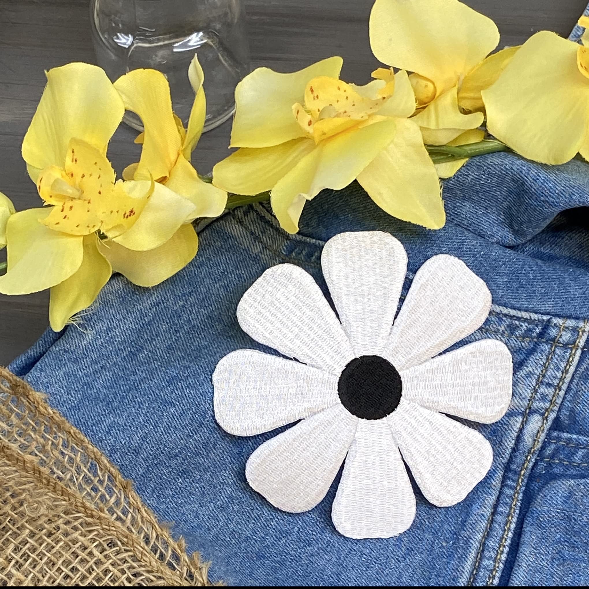 Daisy Flower Embroidered Iron On Patch 4 Inch White with Black Center - Perfect for DIY Crafts, Jackets, Backpacks & Denim Customization