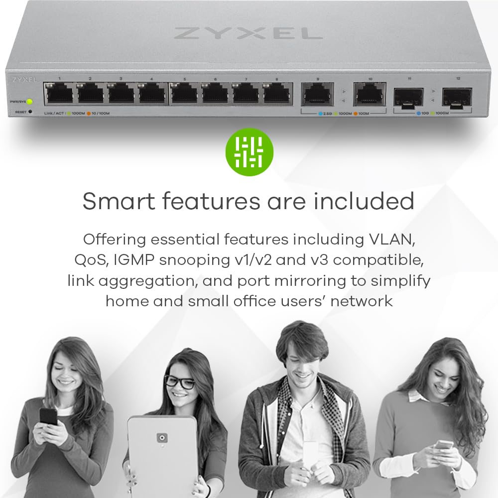 Zyxel XGS1210-12 12-Port Multi-Gigabit Web Managed Switch with 2x2.5G & 2x10G SFP+ Ports - Desktop/Wall Mount Network Switch for Home Office & Small Business Networking