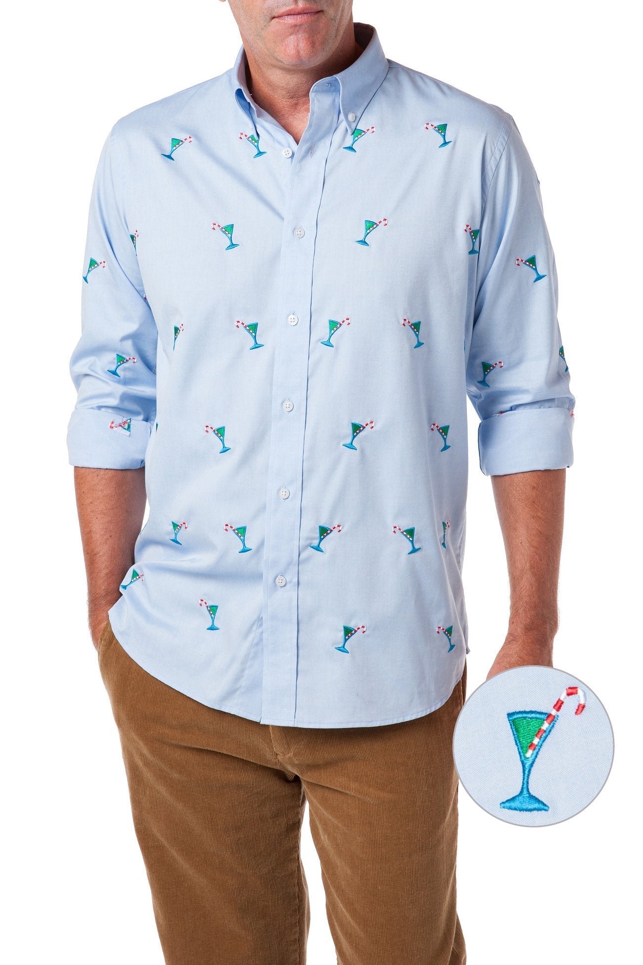 Straight Wharf Men's Blue Oxford Shirt with Martini Candy Cane Print - Perfect for Casual Wear, Office & Holiday Parties