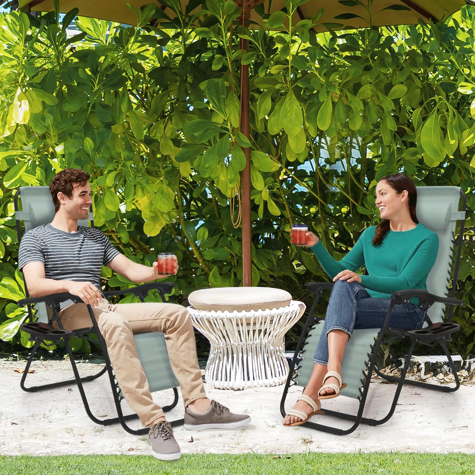 MoNiBloom Zero Gravity Recliner Chairs Set of 2 - Outdoor Folding Patio Lounge Chairs for Backyard, Poolside & Beach - Comfortable Lawn Chairs for Adults with Cup Holder - Sage Green - Perfect for Relaxing, Sunbathing and Outdoor Leisure