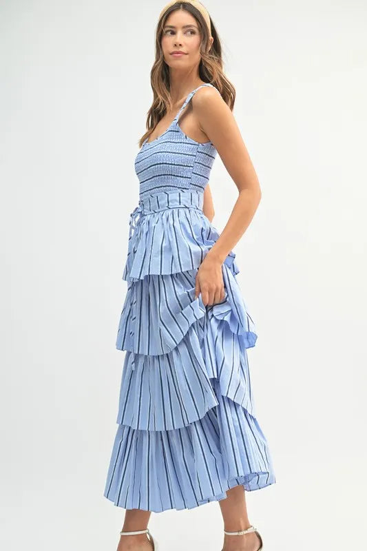 Spring Pin Stripe Layered Midi Summer Dress for Women - Floral Print Casual Sundress for Beach, Vacation & Outdoor Parties