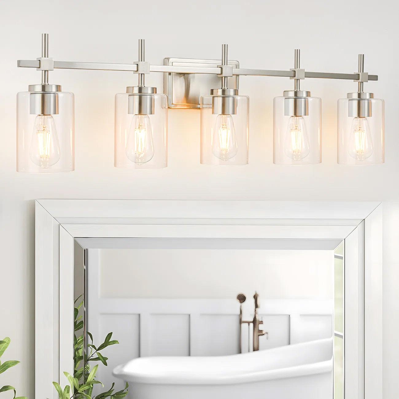 Jasper Modern 5-Light Bathroom Vanity Light Fixture - Brushed Nickel & Black with Clear Glass Shades - Perfect for Bathroom, Powder Room, and Dressing Room Lighting
