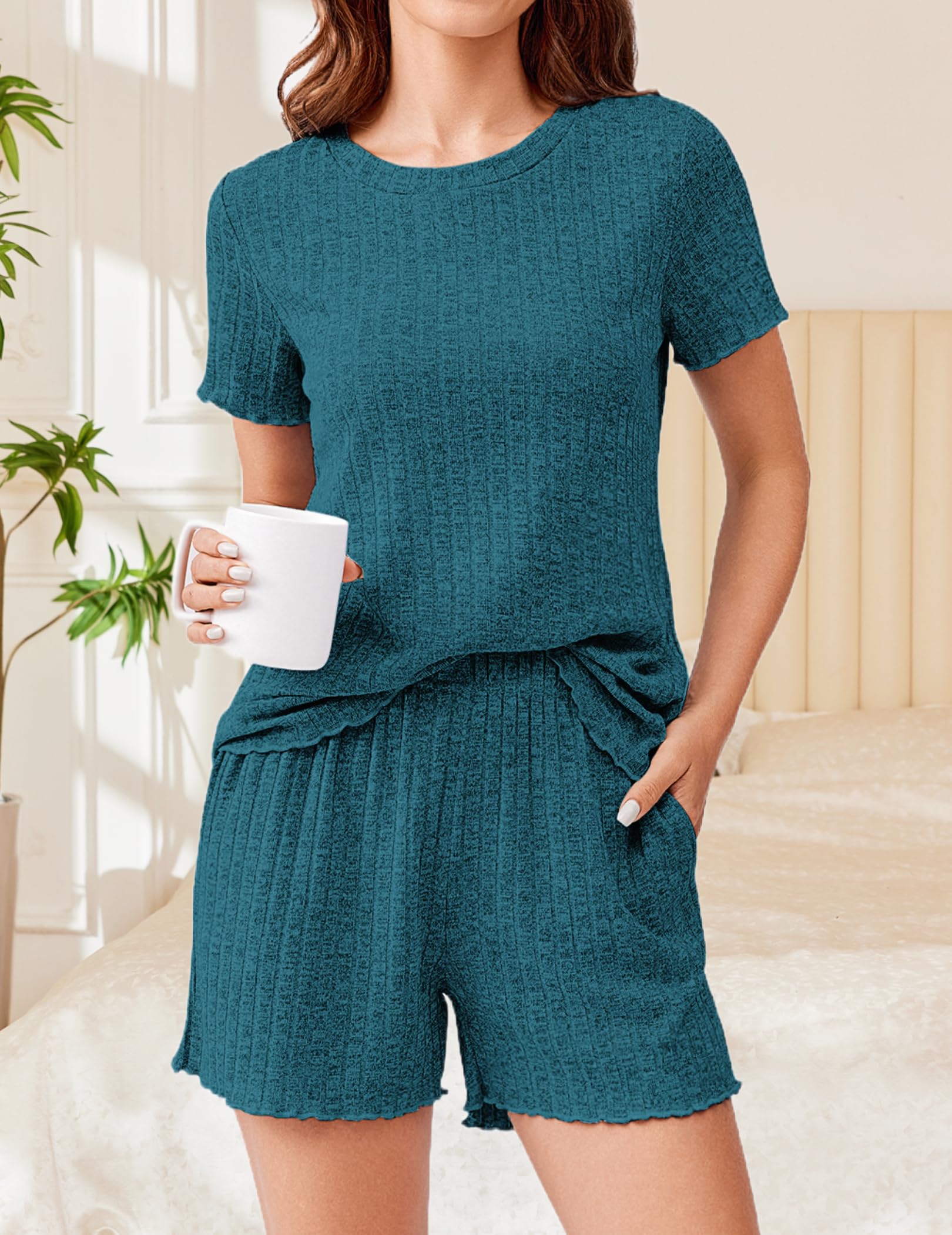 Ekouaer Women's Ribbed Knit Pajama Set - Soft Short Sleeve Sleepwear with Pockets, Comfortable Lounge Wear for Nighttime & Relaxation at Home