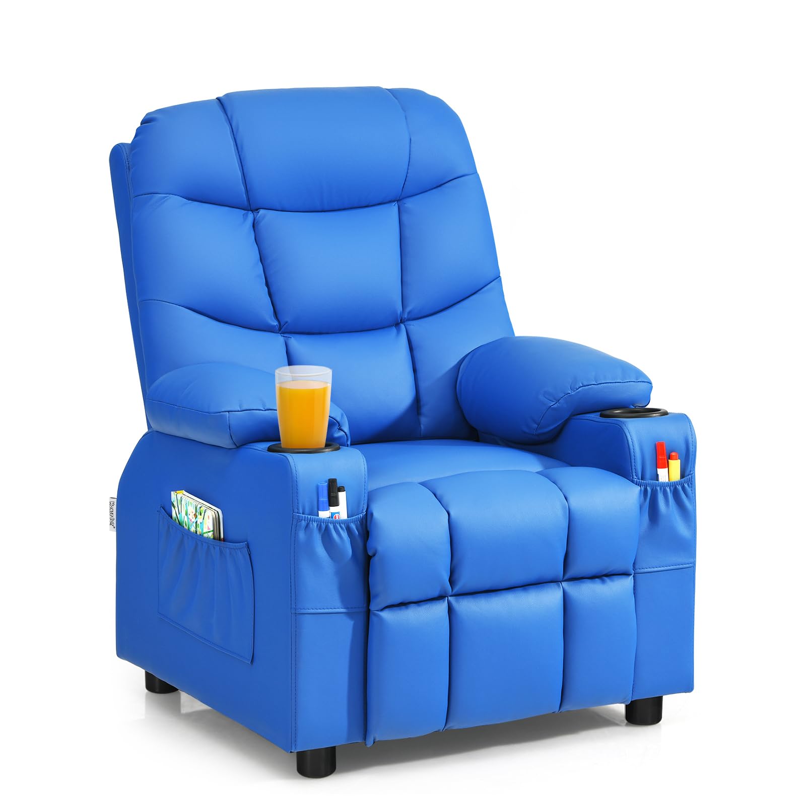 Kids Recliner Chair with 2 Cup Holders & 3 Pockets - Adjustable PU Leather Toddler Sofa for Boys Girls Age 3+ (Blue) - Perfect for Playroom, Bedroom, Movie Nights & Relaxation