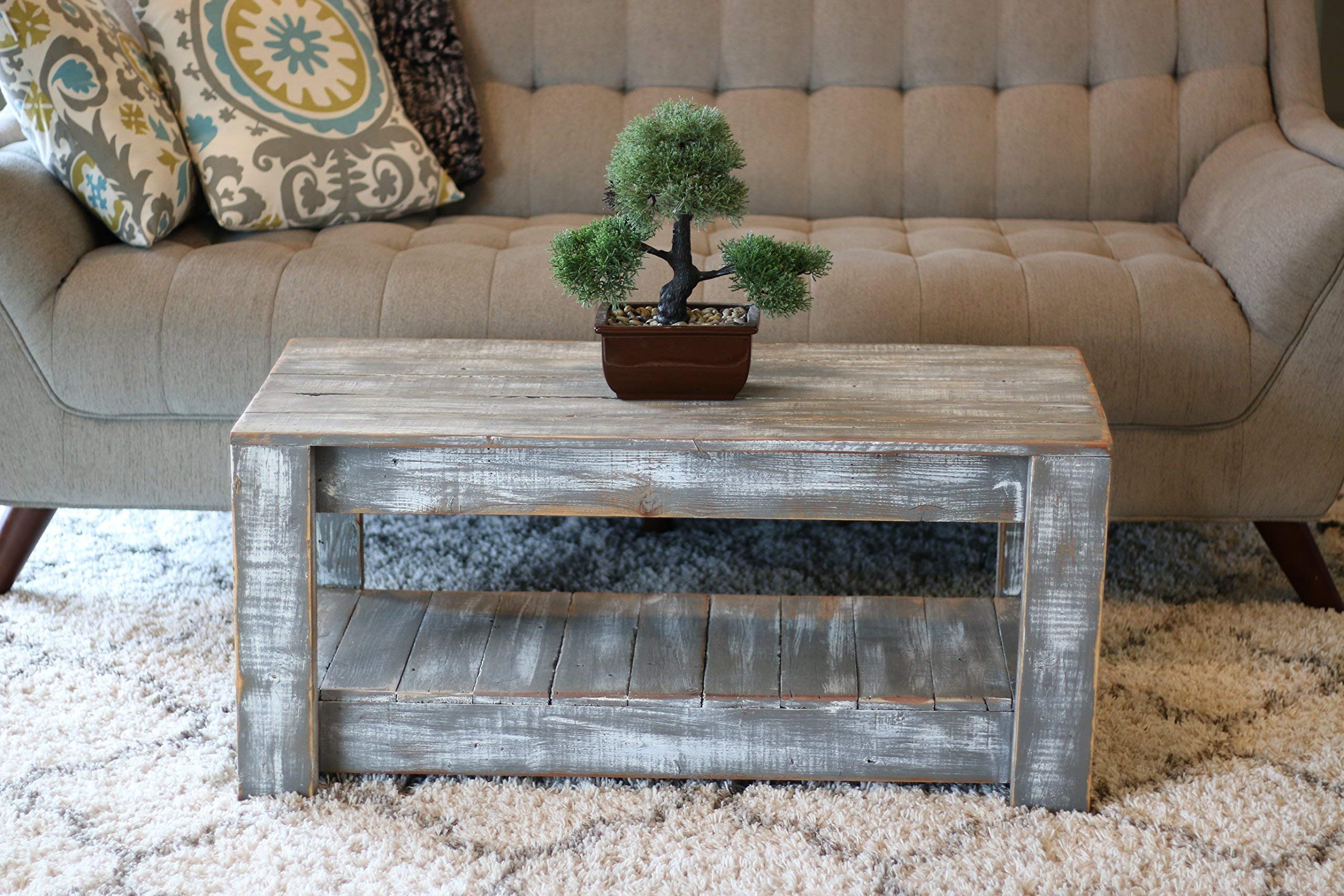 Distressed Gray Coffee Table with Shelf - Rustic Farmhouse Living Room Centerpiece for Cozy Home Decor