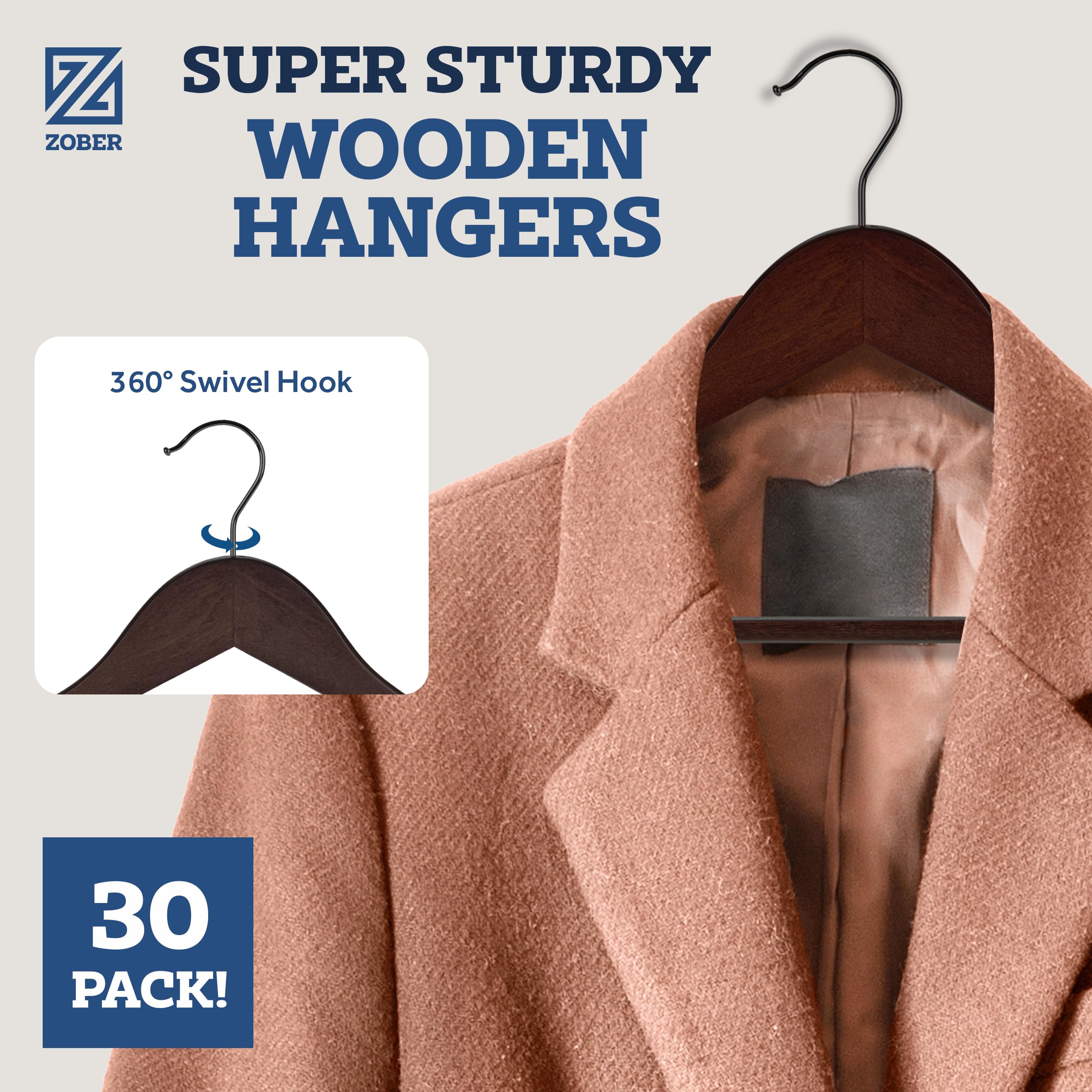 ZOBER 30 Pack Heavy Duty Non-Slip Wooden Clothes Hangers for Coats, Jackets, Suits & Pants - Sturdy Closet Hangers with Bar & Notches - Perfect for Wardrobe Organization & Space Saving