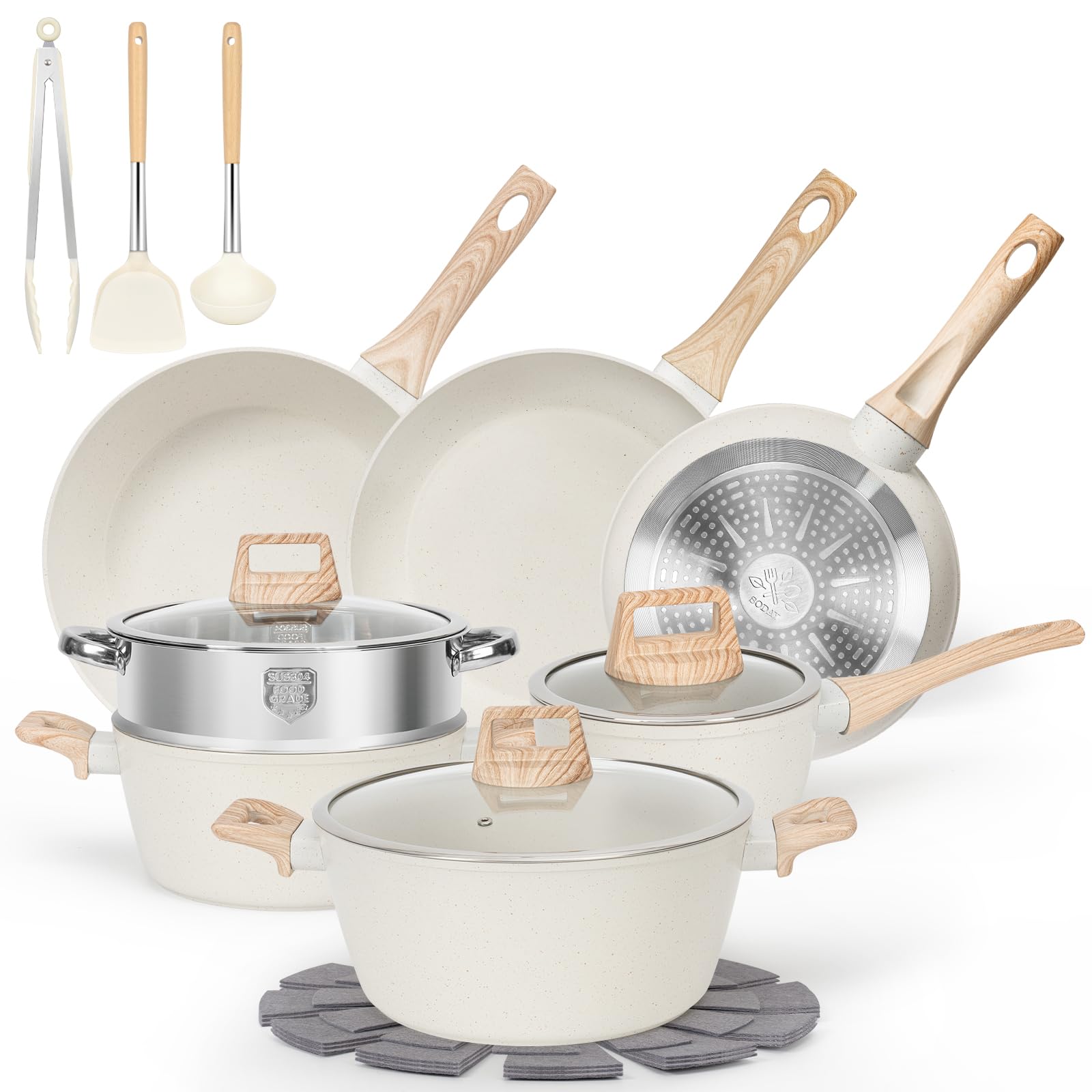 **17-Piece Nonstick Pots and Pans Set - PFOS/PFOA Free Granite Coating Induction Cookware with Stay-Cool Handles & Silicone Tools - Perfect for Home Cooking, Baking & Family Meals**