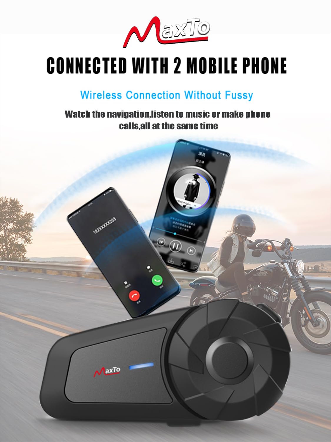 Maxto MX1 Motorcycle Bluetooth Headset - 2 Pack Universal Intercom System for Riders | 800M Range, HiFi Stereo Sound, IPX6 Waterproof, Call & Music Control | Perfect for Motorcycle Helmets, Group Riding & Adventure Tours