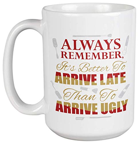Funny Makeup Quote Coffee Mug - 'Better Late Than Ugly' 15oz Ceramic Cup, Unique Brush Holder & Vanity Organizer - Perfect for Makeup Room Decor, Office Desk or Gift for Beauty Lovers