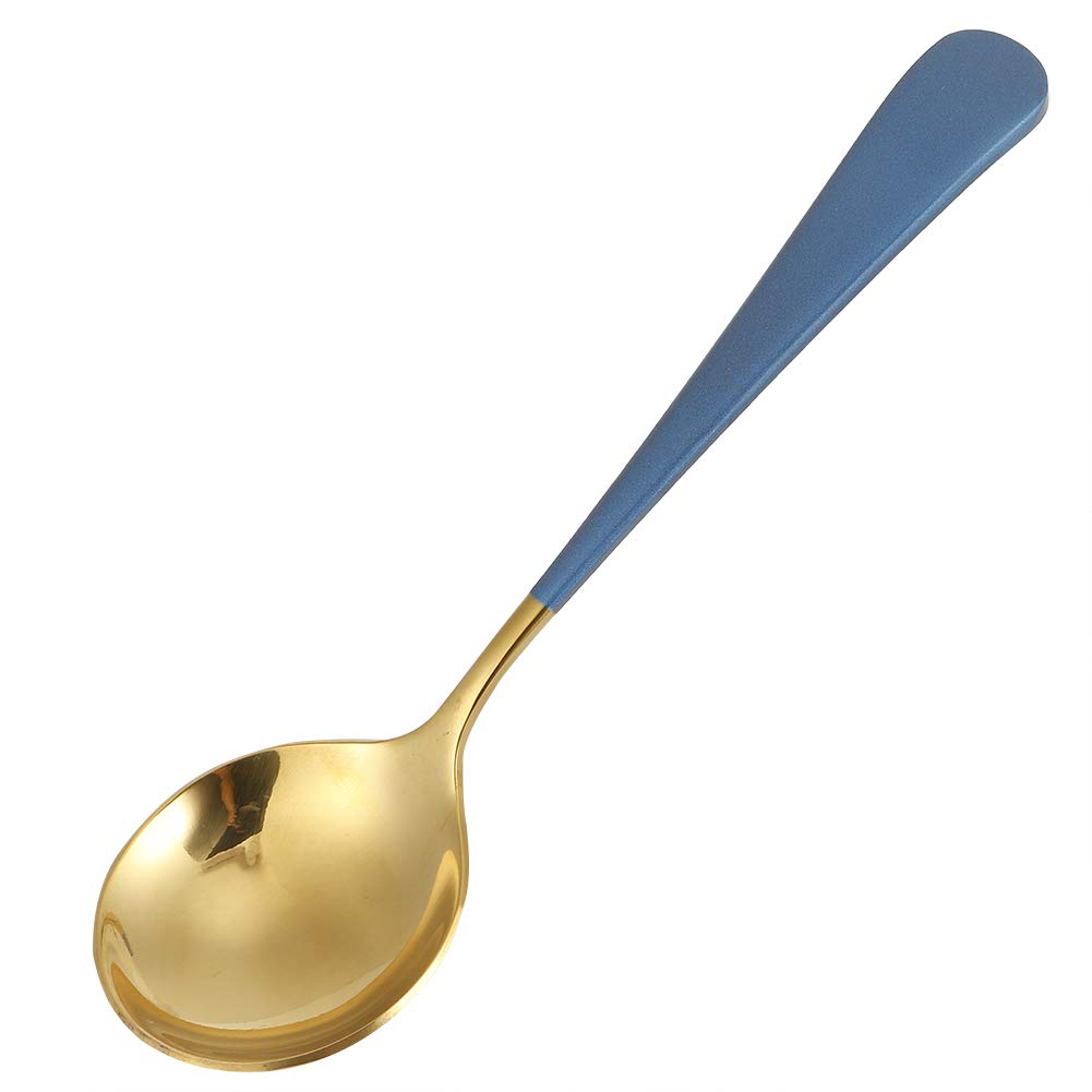 5Pcs Stainless Steel Soup Spoons - 16cm Round Long Handle Serving Spoons for Kids & Adults - Perfect for Restaurants, Households, Soup, Rice & Gravy (Blue) - Ideal for Dining, Catering & Family Meals
