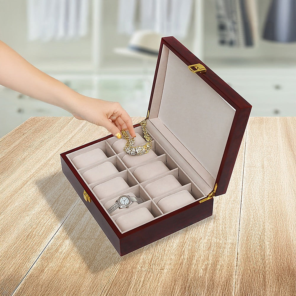 10-Slot Wooden Watch Display Case with Glass Top - Jewelry Storage Box for Watches, Rings, Necklaces - Perfect for Home, Office, and Retail Store Display