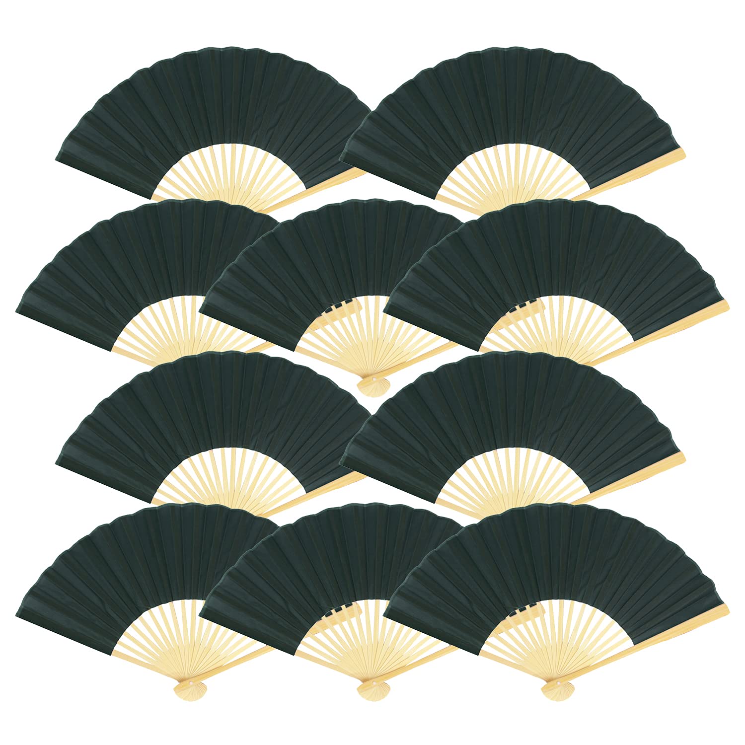 Quasimoon 9 Inch Black Silk Hand Fans - Elegant Wedding Favors (10 Pack) | Perfect for Bridal Showers, Asian Weddings & Cultural Events