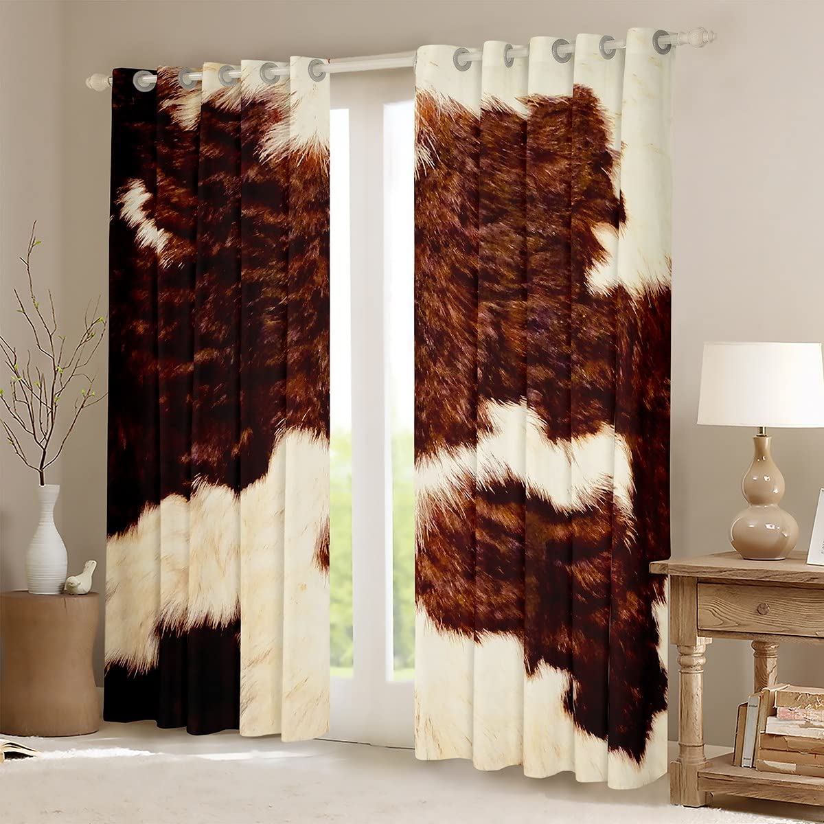 Erosebridal Cow Fur Curtains 42x90 Inches - Brown & White Western Cowhide Window Drapes for Bedroom & Living Room | Rustic Farmhouse Decor, Aztec Animal Print Window Treatments (2 Panels) - Perfect for Western Theme, Ranch Style Homes & Bohemian Interior Design