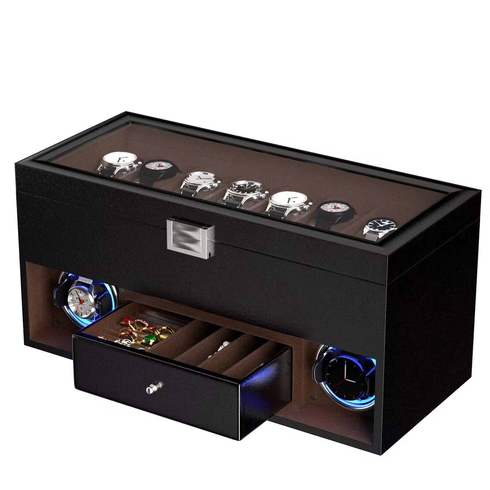 DUKWIN 16 Slot Watch Display Case with Watch Winder for 2 Watches - 4 Rotation Modes, Adjustable Watch Pillows & Blue LED Light - Luxury Watch Storage Box for Collectors - Perfect for Home, Office or Gift
