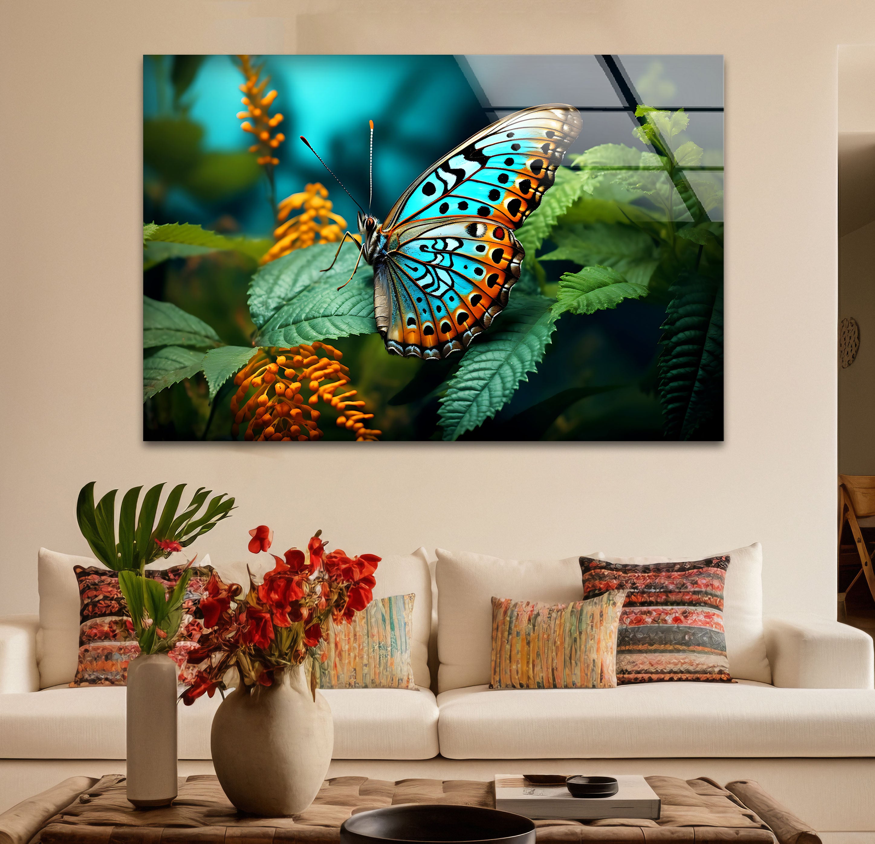 Blue Monarch Glass Wall Art - Vibrant Butterfly on Leaf Print | Elegant Home Decor for Living Room, Bedroom & Office | Perfect Gift for Nature Lovers