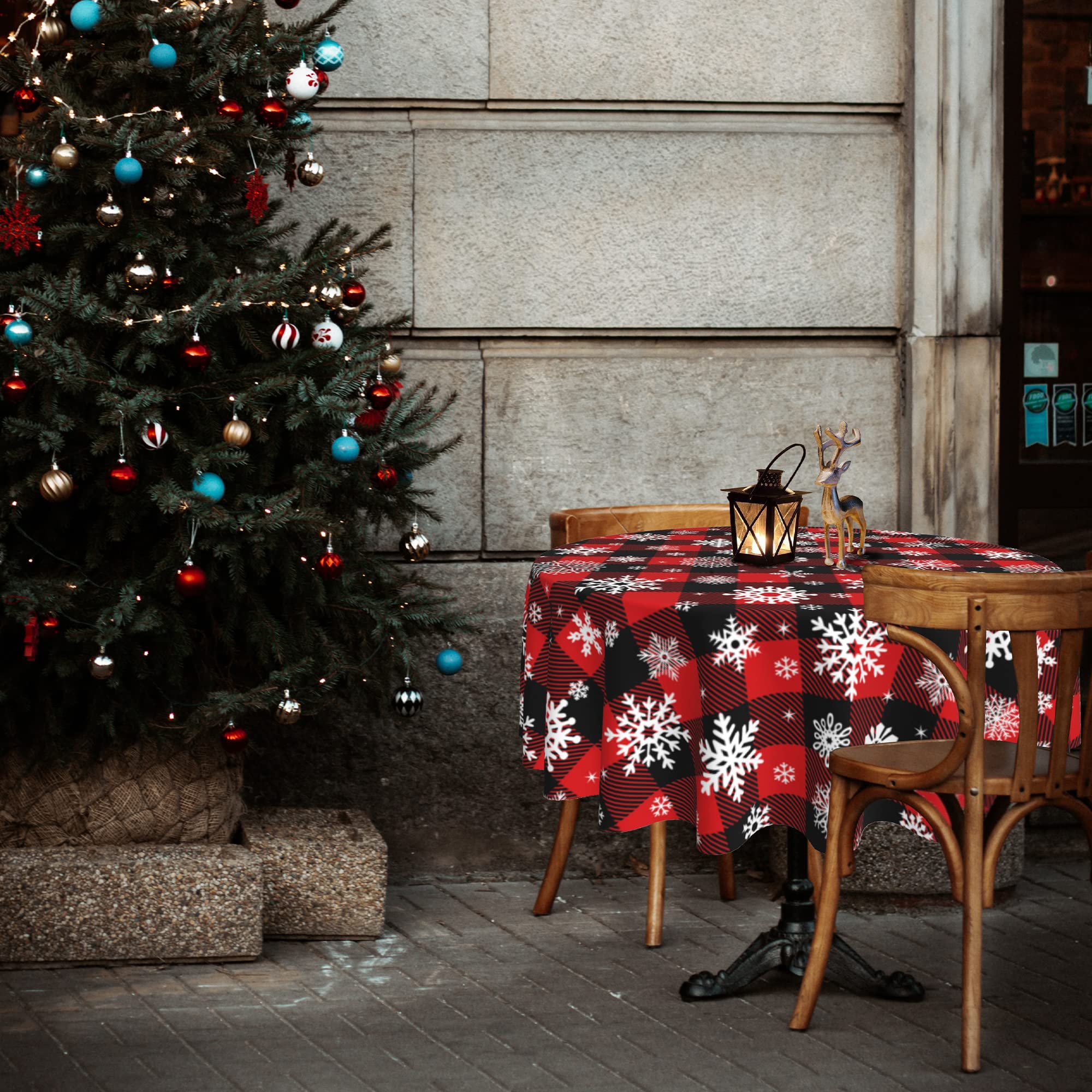 SuQKXCo 60 Inch Christmas Round Tablecloth - Buffalo Plaid Snowflake Design | Waterproof, Wrinkle-Resistant & Easy to Clean | Perfect for Holiday Kitchen Decor, Dining Room & Festive Home Decoration