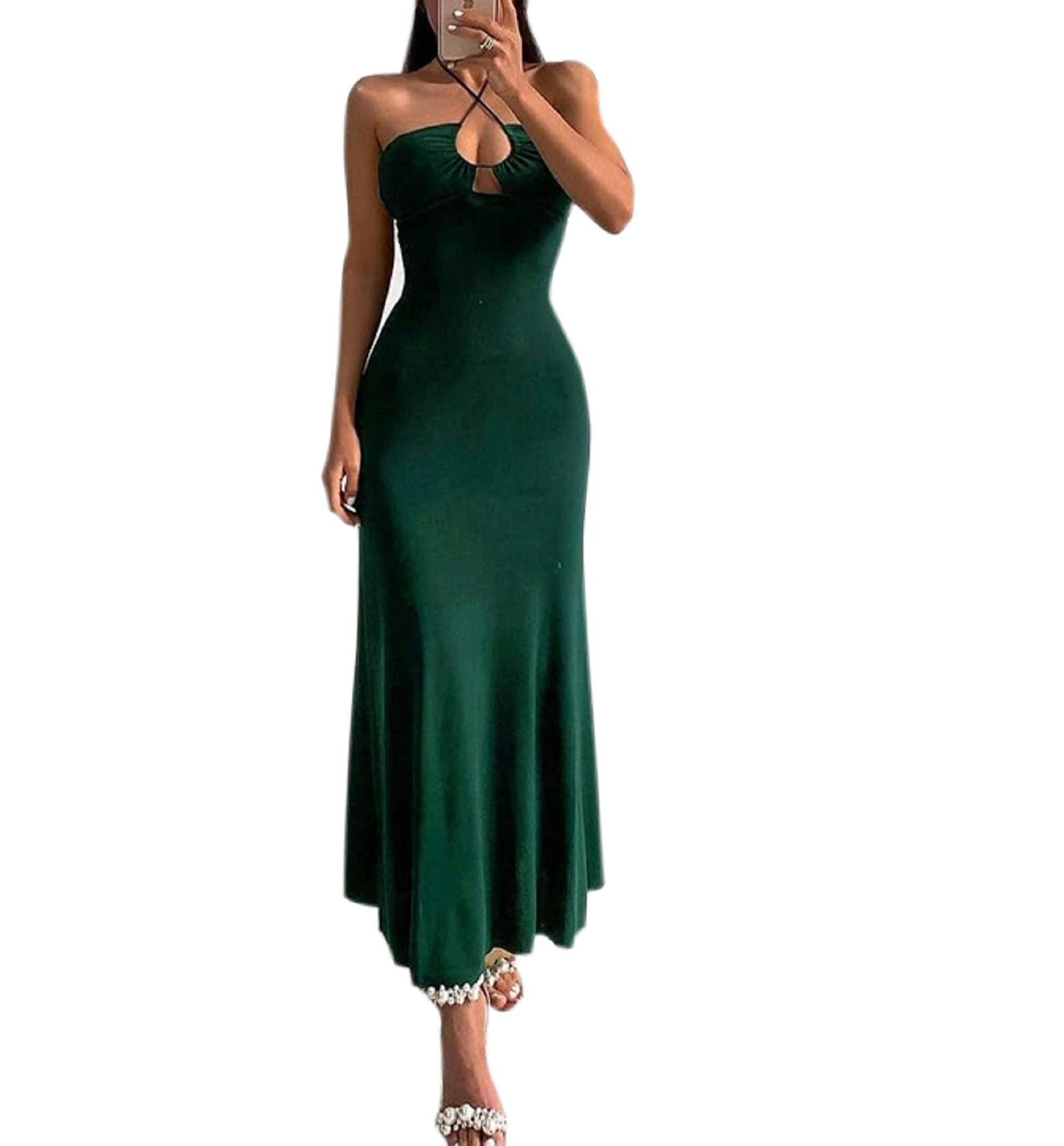 Elegant Halter Neck Criss Cross Slim Long Dress - Solid Color Open Back Belted Midi Dress with Deep V Collar Cutout | Perfect for Cocktail Parties, Date Nights & Summer Weddings