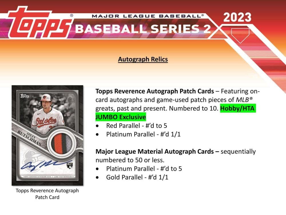 2023 Topps Series 2 Baseball Jumbo Box - 10 Packs/46 Cards with 1 Autograph, 2 Relics & 2 Silver Packs | MLB Trading Cards Collection for Collectors & Fans | Perfect for Sports Memorabilia Displays & Fantasy Baseball Enthusiasts