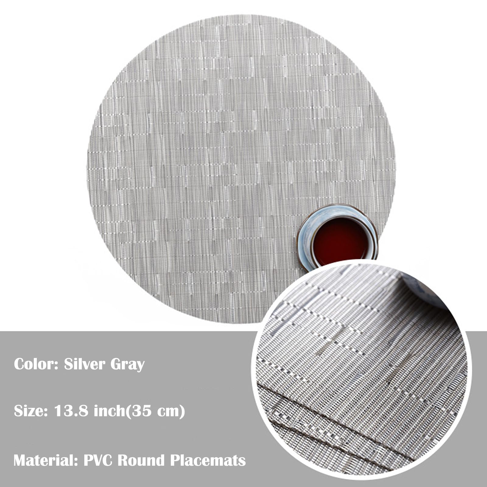 Round Woven Placemats Set of 4 - 13.8 Inch Washable Non-Slip Table Mats for Dining, Kitchen, Christmas Decor - Silver Gray for Home, Wedding & Party Use