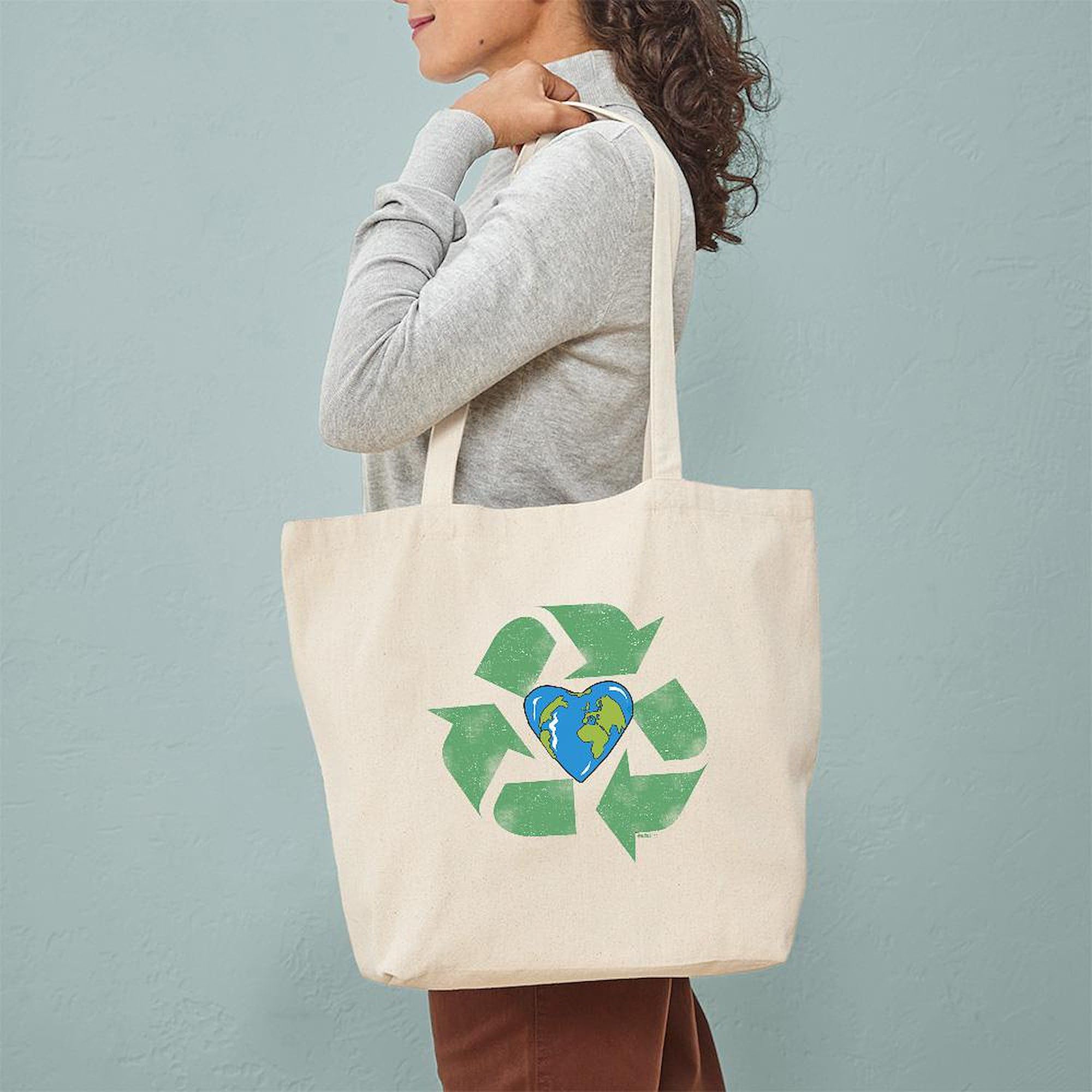 Eco-Friendly Reusable Canvas Tote Bag - Earth Heart Design for Grocery Shopping & Beach Trips | Natural Cotton Recycle Shopping Bag for Women & Men