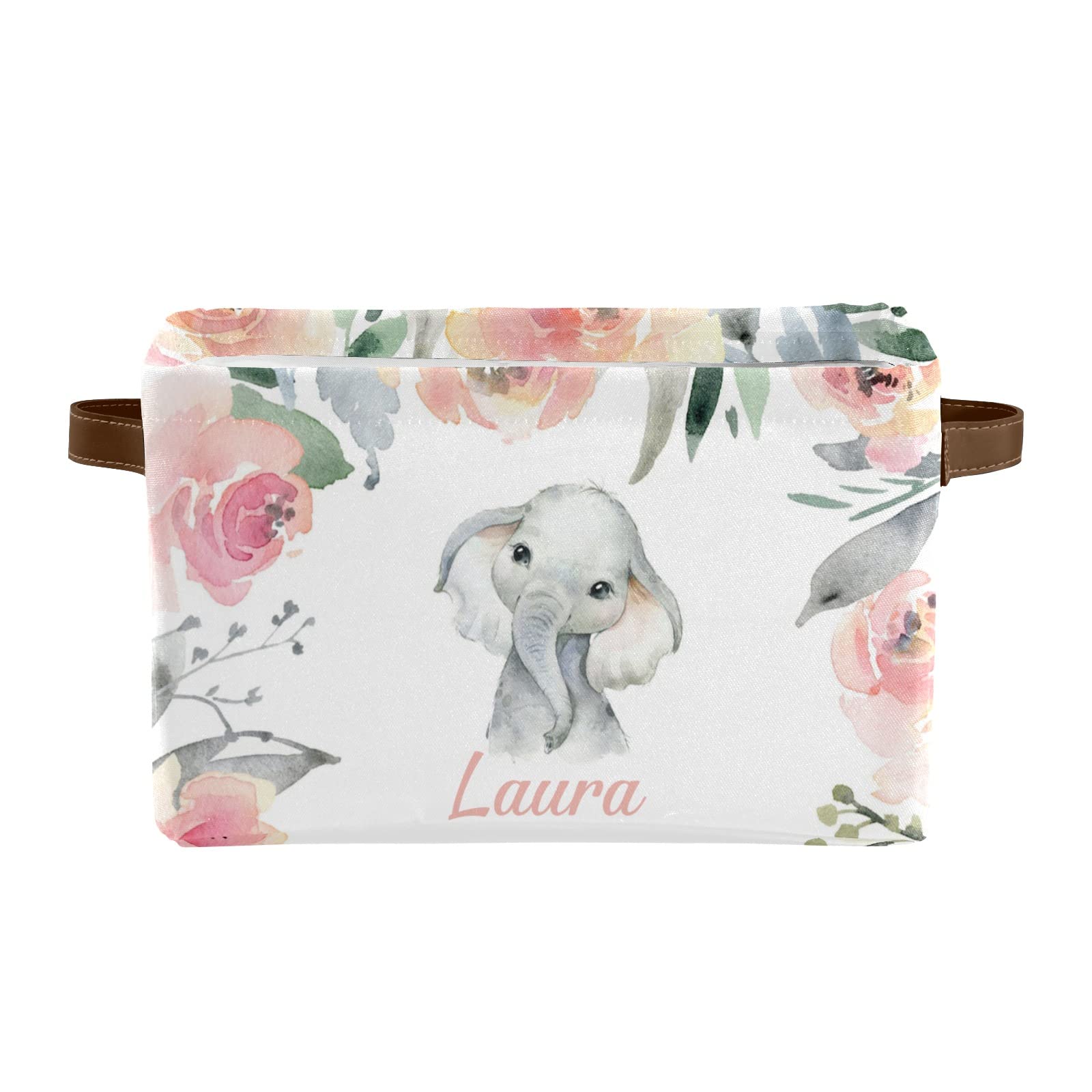 Personalized Pink Elephant Watercolor Floral Storage Bins with Handles - 2 Pack Custom Name Closet & Shelf Organizers for Nursery, Kids Room & Home Decor