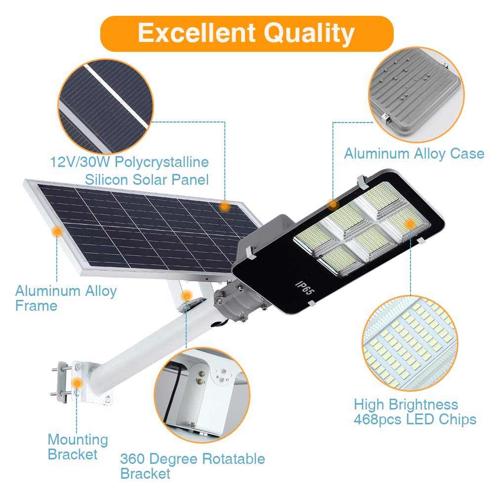 6000W LED Solar Street Light Outdoor - Dusk to Dawn Security Flood Light with Remote Control & Pole, Wireless Waterproof Solar Powered - Perfect for Yard, Parking Lot, Street, Garden, Garage & Pathway Lighting
