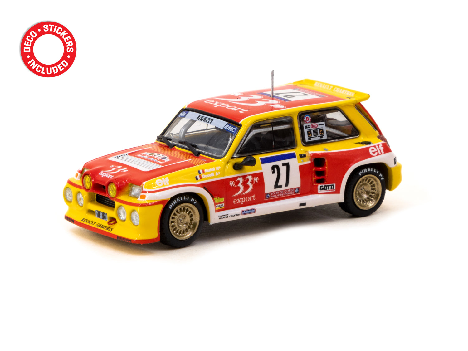 Tarmac Works 1/64 Scale Renault 5 MAXI Turbo Rally Car - Tour de Corse France 1985 #27 Diecast Model - Collectible Hobby64 for Car Enthusiasts & Display in Home Office or Man Cave