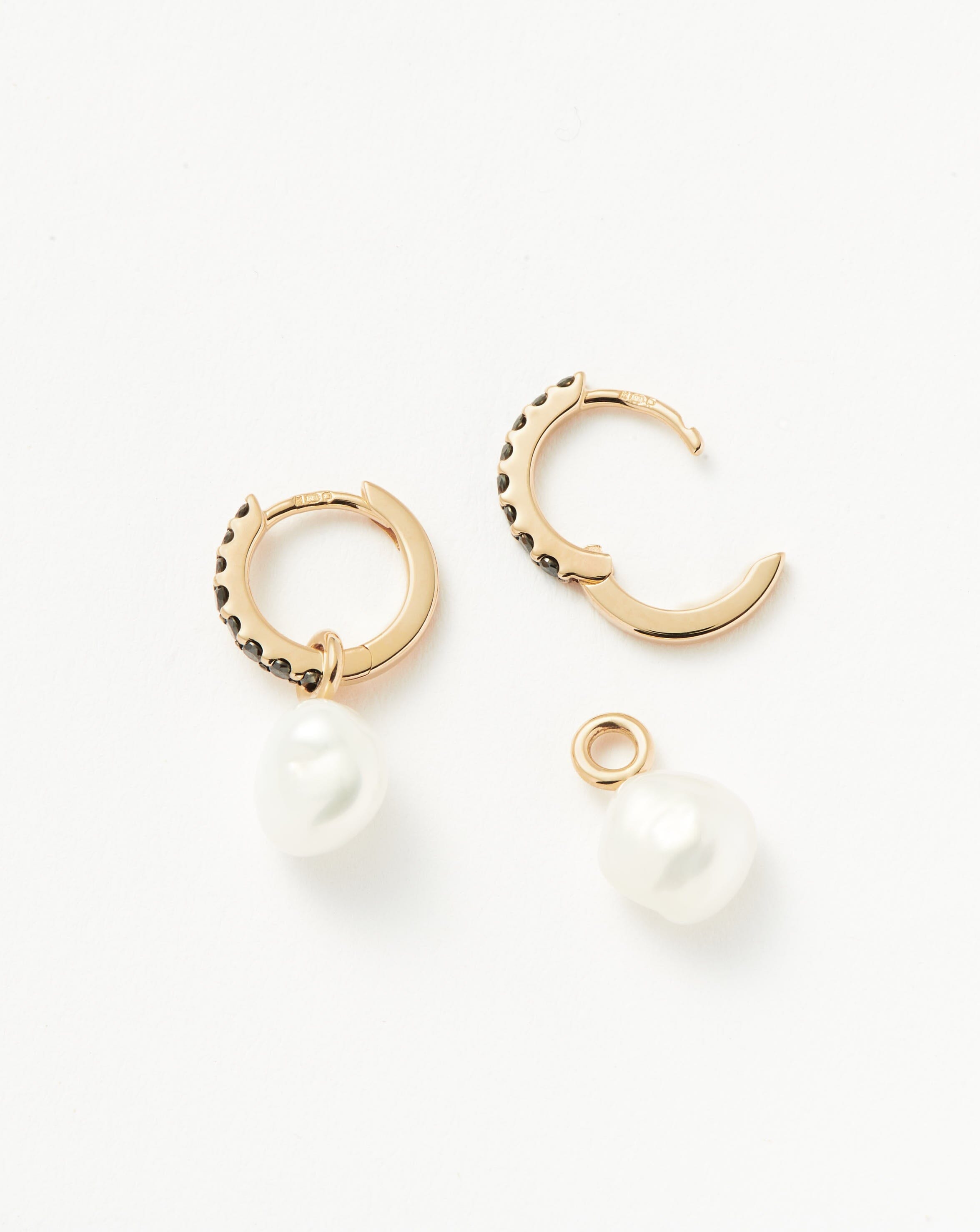 14K Solid Gold Pearl & Black Diamond Hoop Earrings | Elegant Fine Jewelry for Women | Perfect for Weddings, Parties & Special Occasions