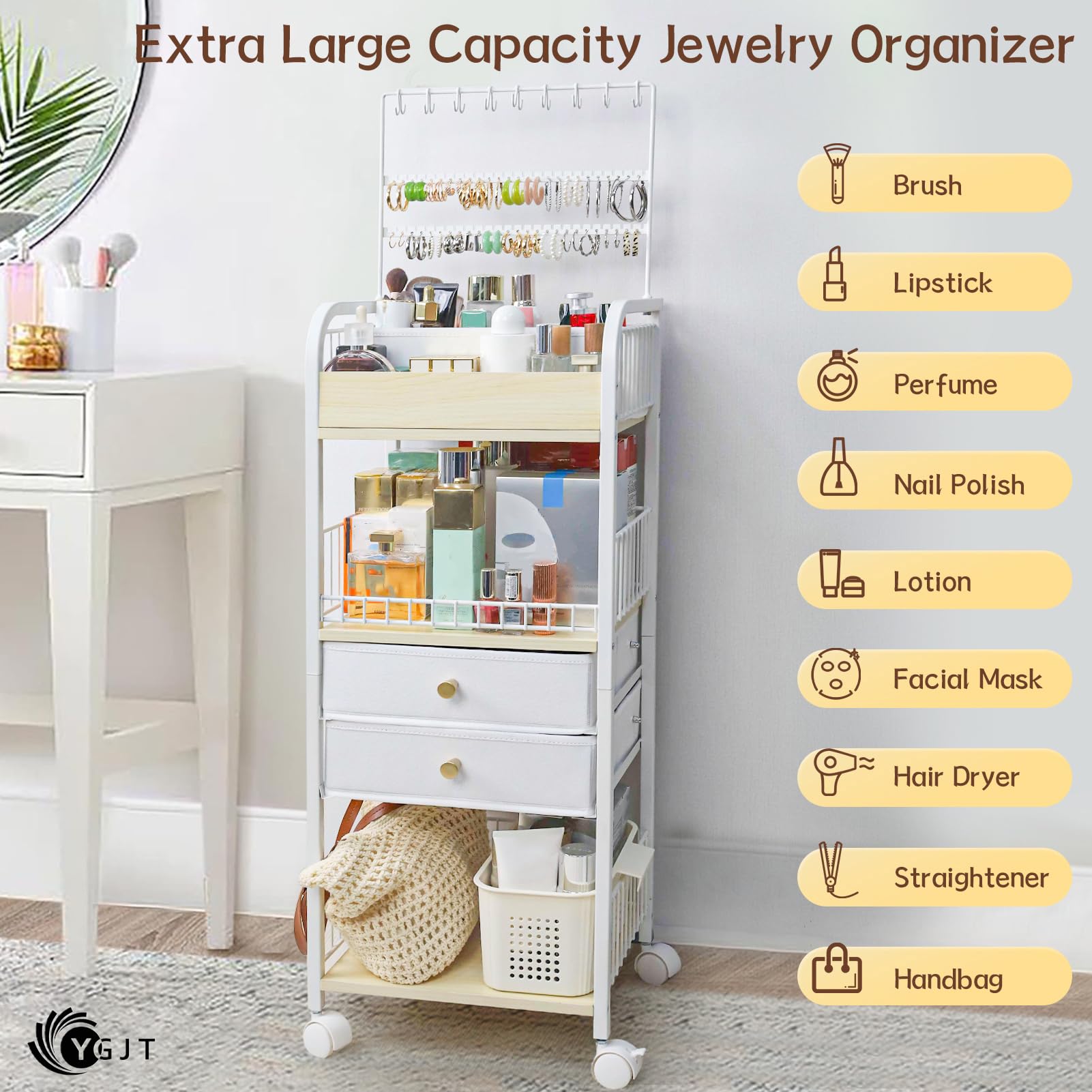 YGJT 3-Tier Makeup Organizer with Drawers - Skincare & Cosmetics Storage for Perfume, Makeup Brushes, Nail Polish - Jewelry Organizer for Earrings & Necklaces - Perfect for Vanity Table, Bathroom & Bedroom Organization