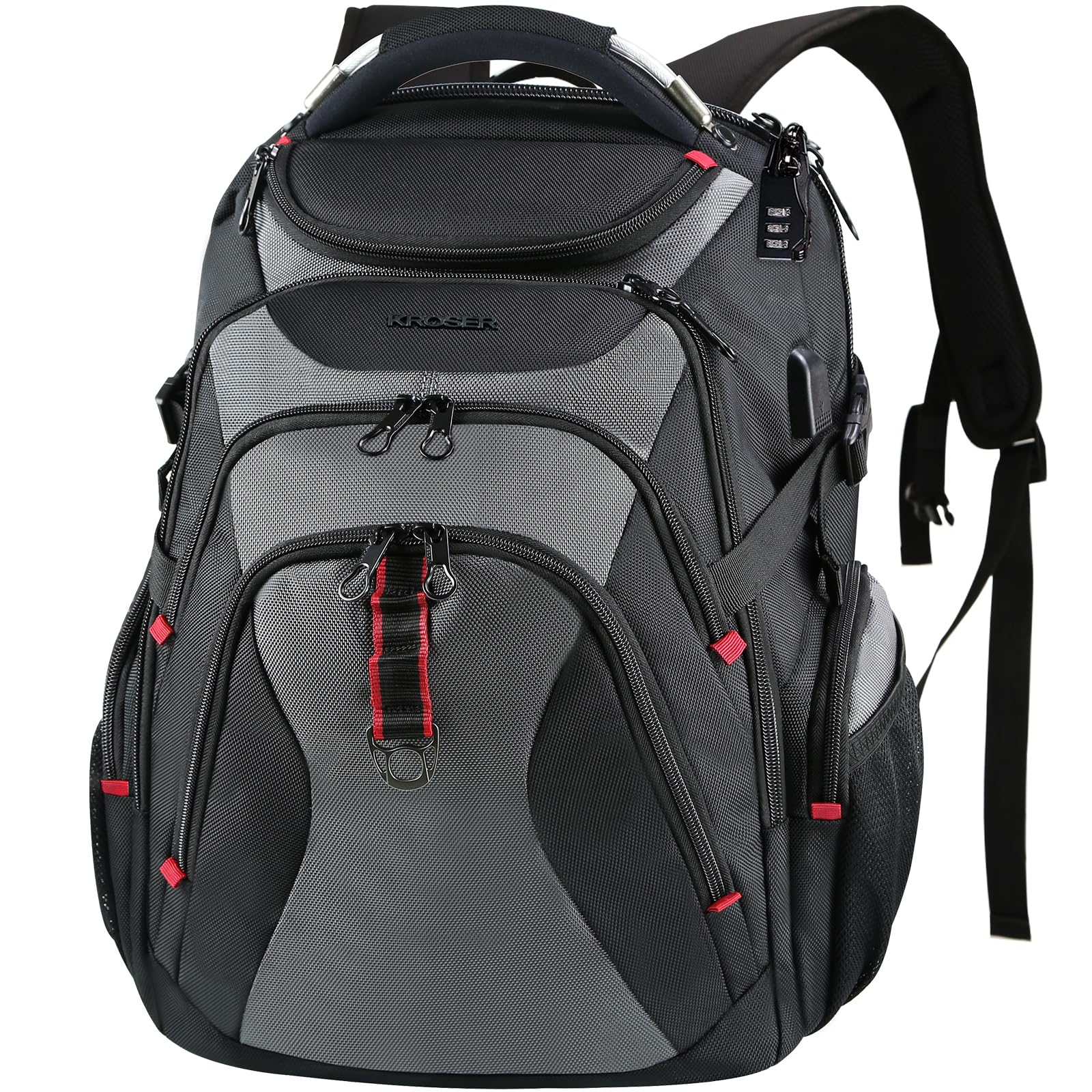 KROSER 17.3 Inch Travel Laptop Backpack - Water-Repellent Business Computer Bag with Hard Shell Saferoom & RFID Pockets for Men and Women (Black Grey) - Perfect for College, Work Commute and Airplane Travel