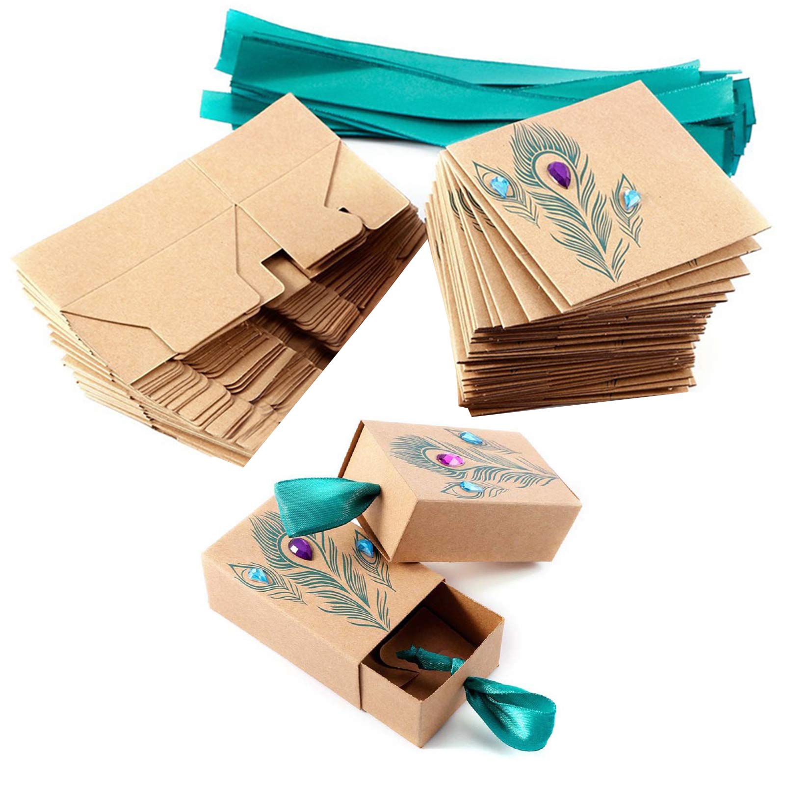 Elegant Peacock Feather Candy Drawer Box - Wedding Favor Gift Box with Rhinestone & Kraft Paper Design - Perfect for Bridal Showers, Birthday Parties & Special Occasions
